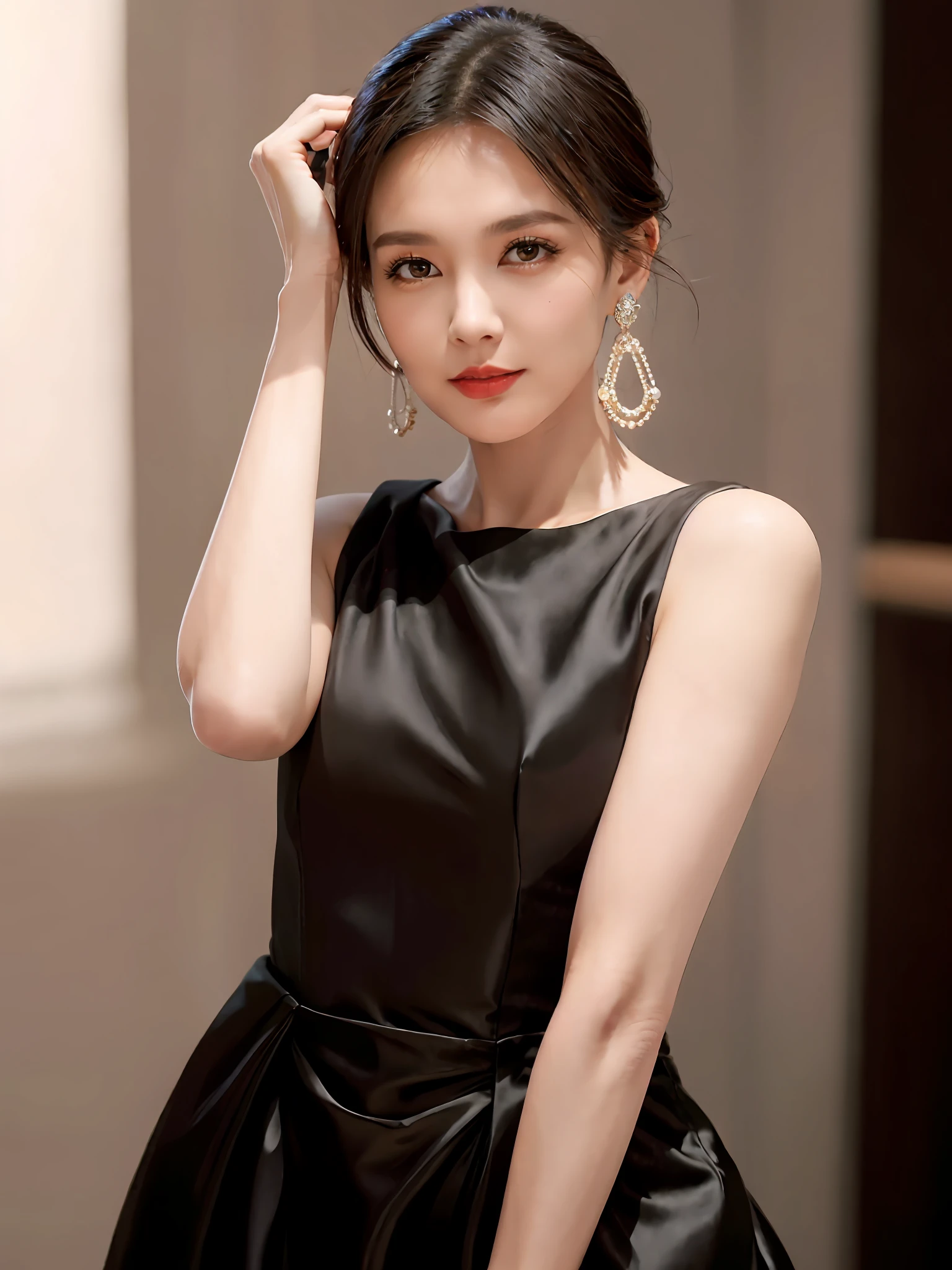 jewelry, solo, earrings, necklace, black hair, smile, single hair bun, (formal dress:1.6), realistic, hair bun, bracelet, grin, ulzzang-6500v1.1, (original: 1.2), (realistic: 1.3) , beautiful girl with beautiful details, extremely detailed eyes and face, eyes with beautiful details, absurd, incredibly absurd, huge file size, ultra detail, high resolution, ultra detailed, best quality, masterpiece, illustration, ultra detailed and beautiful, ultra detailed, CG, unity, 8k wallpaper, amazing, fine Detail, masterpiece, top quality, official art, extremely detailed CG unity 8k wallpaper, cinematic lighting, (perfect shiny skin:0.6), slim and smooth lines, (floating), (small breasts:1),  earrings,