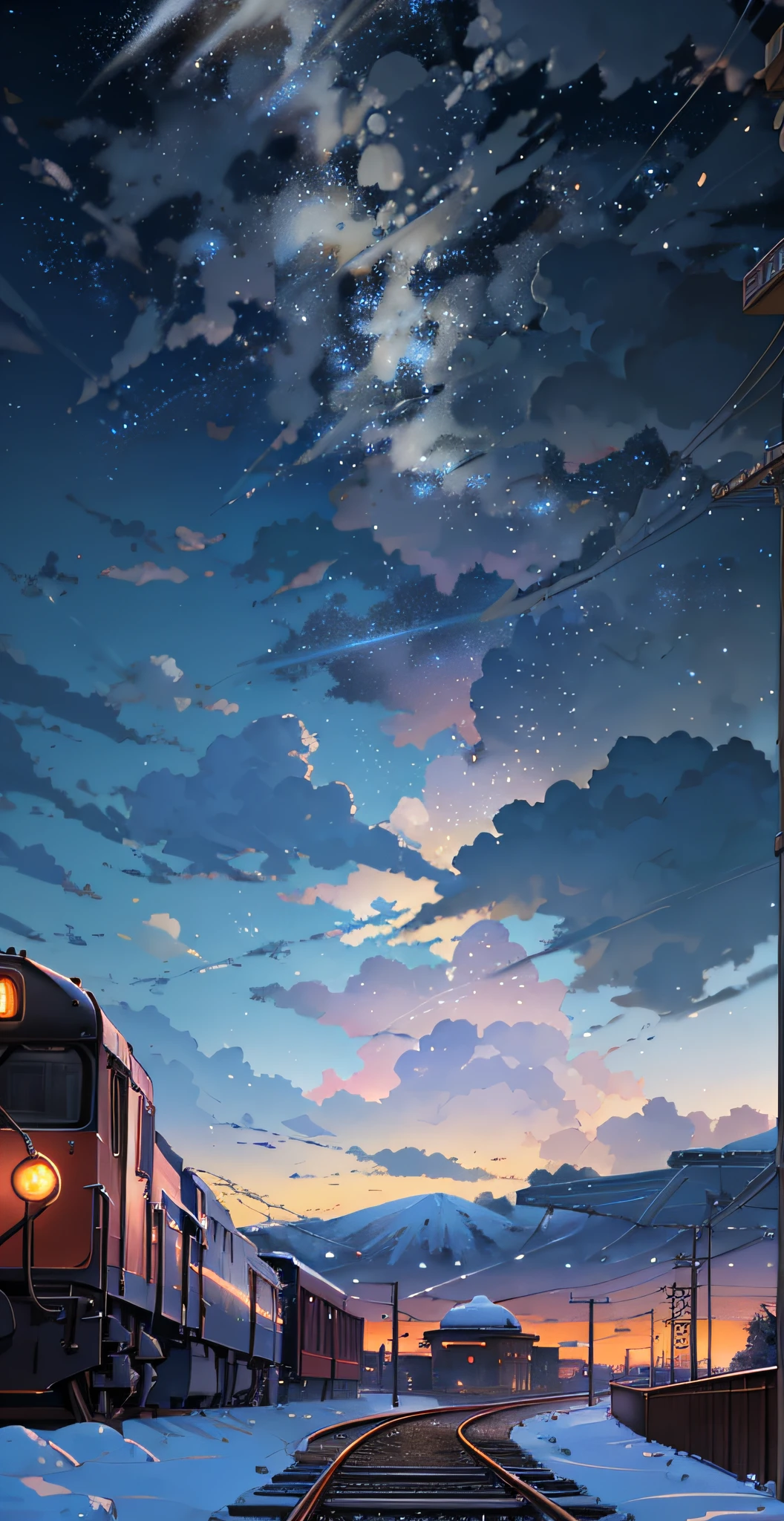 There is a train running along the tracks in the snow, Makoto Shinkai's concept art, tumblr, magic realism, beautiful anime scenes, cosmic sky. by makoto shinkai, ( ( makoto shinkai ) ), anime background art, anime backgrounds, Makoto Shinkai's style, anime movie backgrounds, galaxy express, no humans.