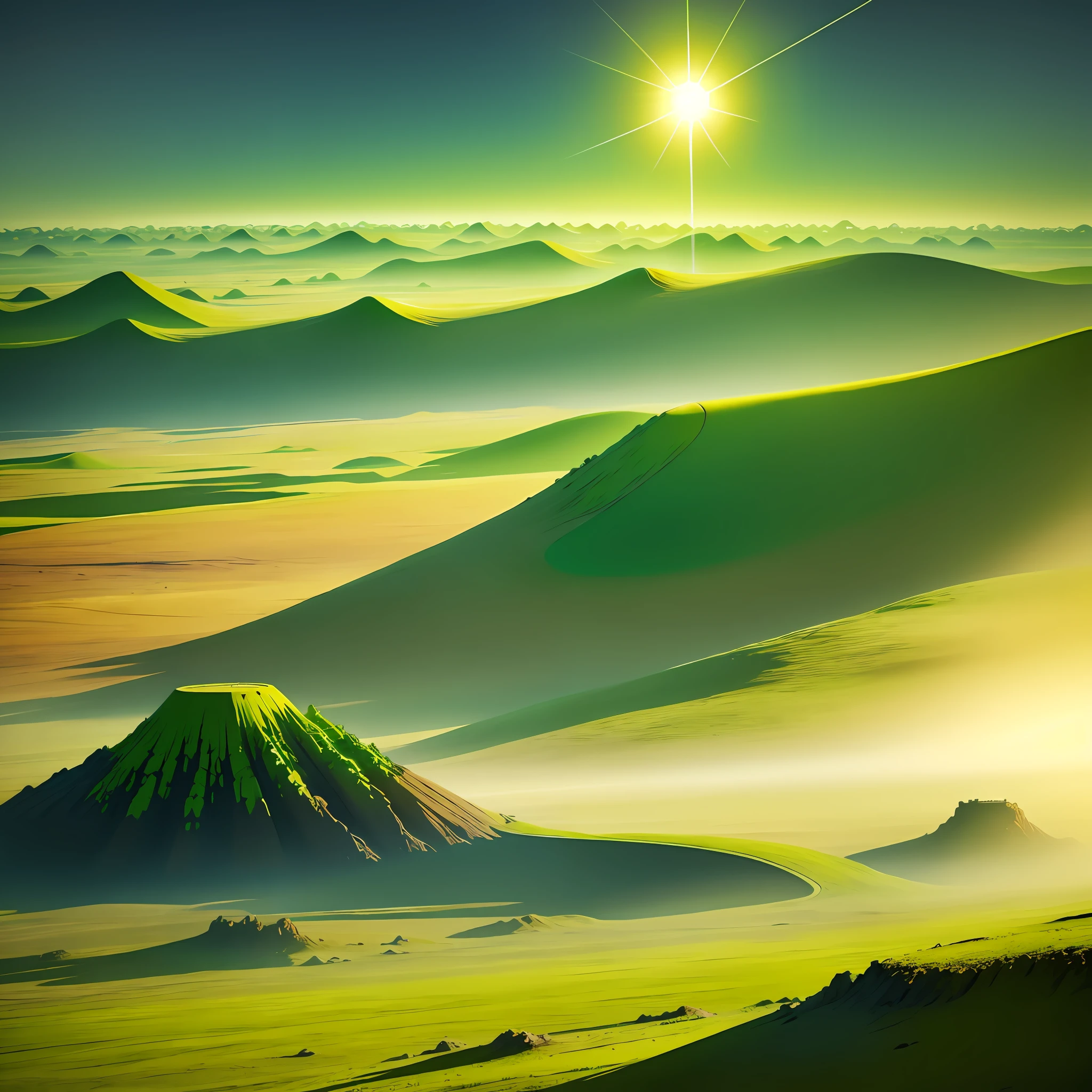 A radioactive green desert, green rotten land with no grass, very bright sun, green mist, dark colors, landscape