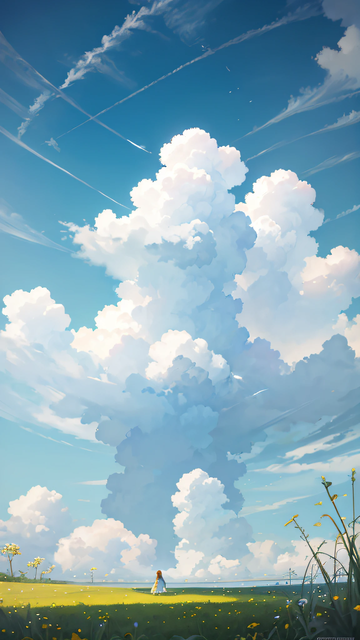Summer, meadows, a few small flowers, heavenly views, large clouds, blue skies, hot weather, HD detail, wet watermarks, hyper-detail, cinematic, surrealism, soft light, deep field focus bokeh, ray tracing, and surrealism. --v6
