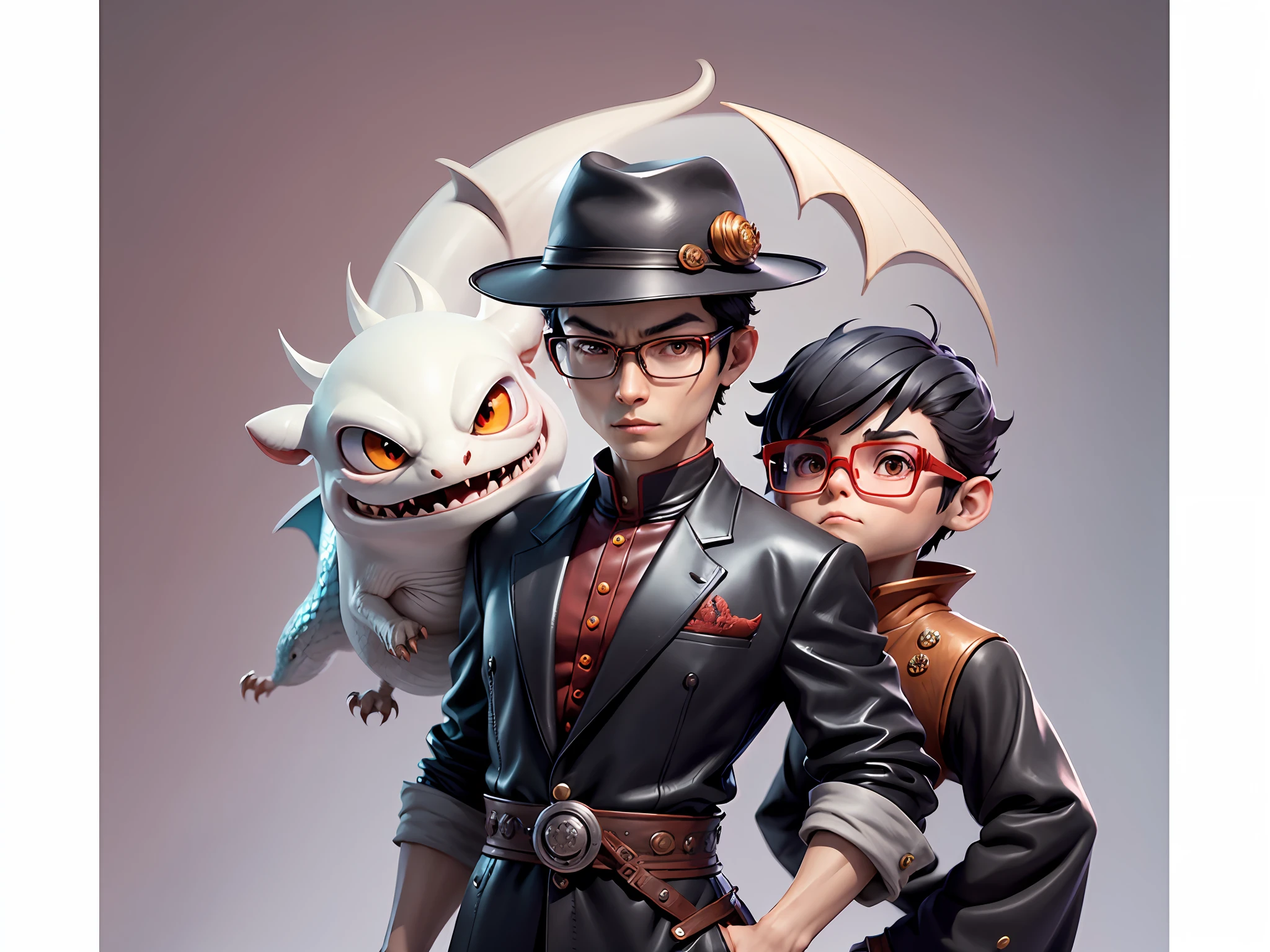 Young man with oriental face in leather hat, dragon, formal suit, short black hair, silver glasses, digital painting, 3D character design by Mark Clairedon and Pixar and Hayao Miyazaki and Akira Toriyama, the illustration is a high-definition illustration in 4K resolution with very detailed facial features and cartoon-style visuals.