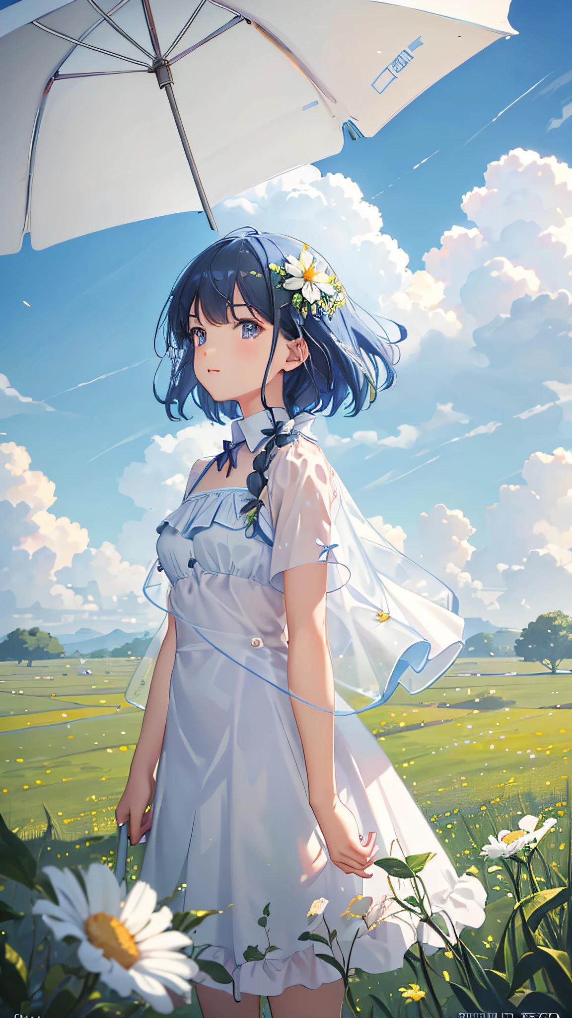 Summer, meadows, a few small flowers, heavenly views, large clouds, blue skies, hot weather, HD detail, wet watermarks, hyper-detail, cinematic, surrealism, soft light, deep field focus bokeh, ray tracing, and surrealism. --v6