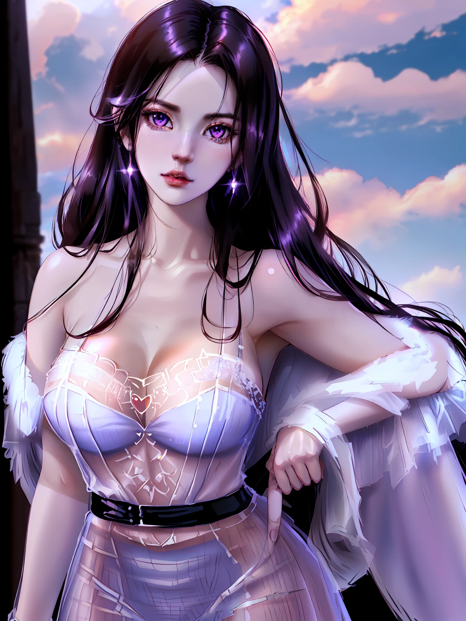 Close-up of a woman in a red dress, long black hair, beautiful and seductive anime woman, a beautiful fantasy queen, inspired by Du Jong, seductive Tifa Lockhart full body portrait, (((Beautiful fantasy queen)), seductive anime girl, beautiful anime woman, charming Tifa lock heart, beautiful avatar picture, white underlinen, lady in pink armor, Tifa, (lingerie: 1.2), photo realistic, upon_body, Tyndall effect, realistic, light studio, edge lighting, Two-tone illumination, (High detail skin:1.2), 8k UHD, DSLR, soft lighting, high quality, volumetric illumination, frank, photos, high resolution, 4k, 8k, bokeh, breast outer, (nudity: 1.2), (purple eye color), (transparent armor: 1.0), easy standing, blue sky and white clouds, shopping,