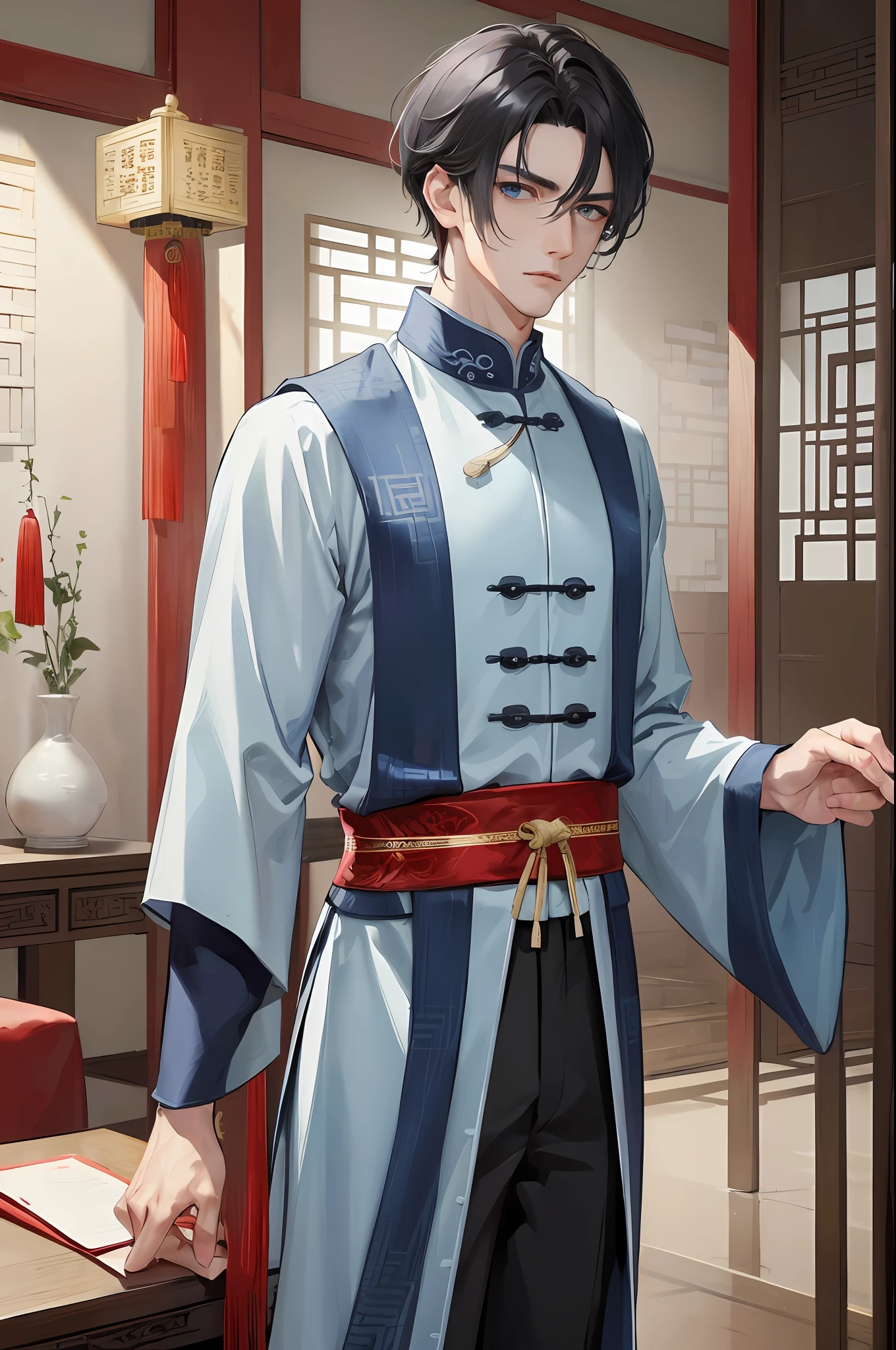 Masterpiece, Excellent, Daytime, 1 person, mature man, Chinese style, ancient China, Chinese court, gray-blue eyes, split hair, short hair, long bangs, handsome, handsome, masculine, serious, gentle, tall, quiet, light blue plain