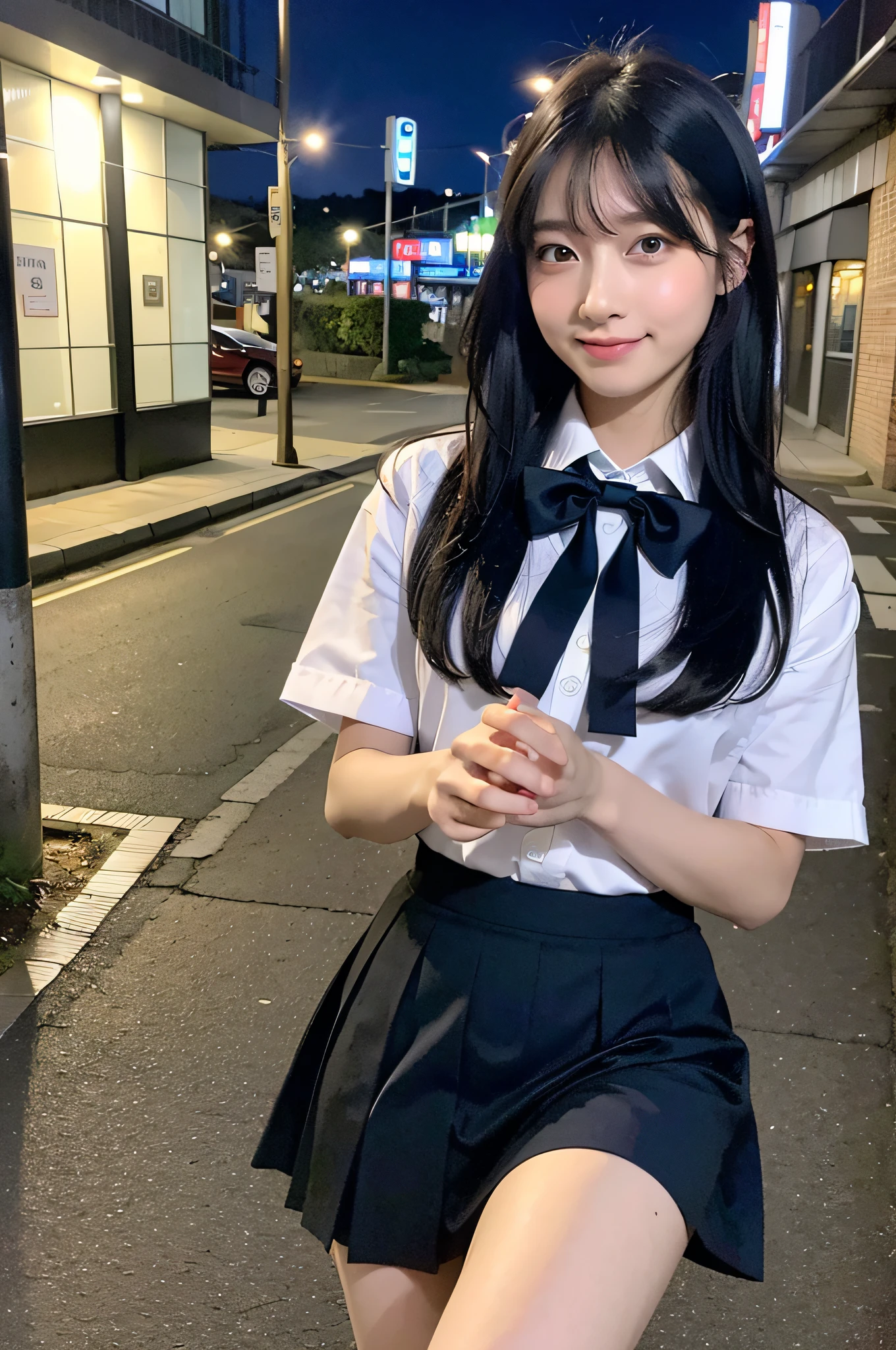 (8k, RAW photo, best quality, mastery:1.3), (realistic, photo-realistic:1.37), (looking viewer:1.331), (black hair), posing, Tokyo street, nightcityscape, cyberpunk city, soft light, 1girl, extremely beautiful face , Perfect body proportions, (small face: 1.1), bust, casual hairstyle, smile, big eyes, (short sleeves JK_shirt), JK_style, (navy JK_skirt), (bow JK_tie), mix4, detailed eyes