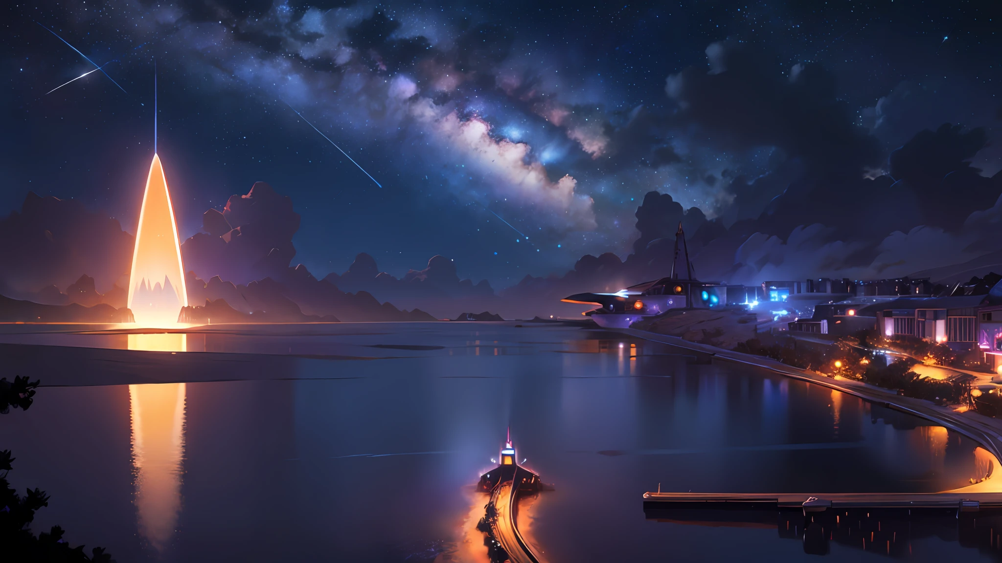 Night, shooting stars, huge spaceships