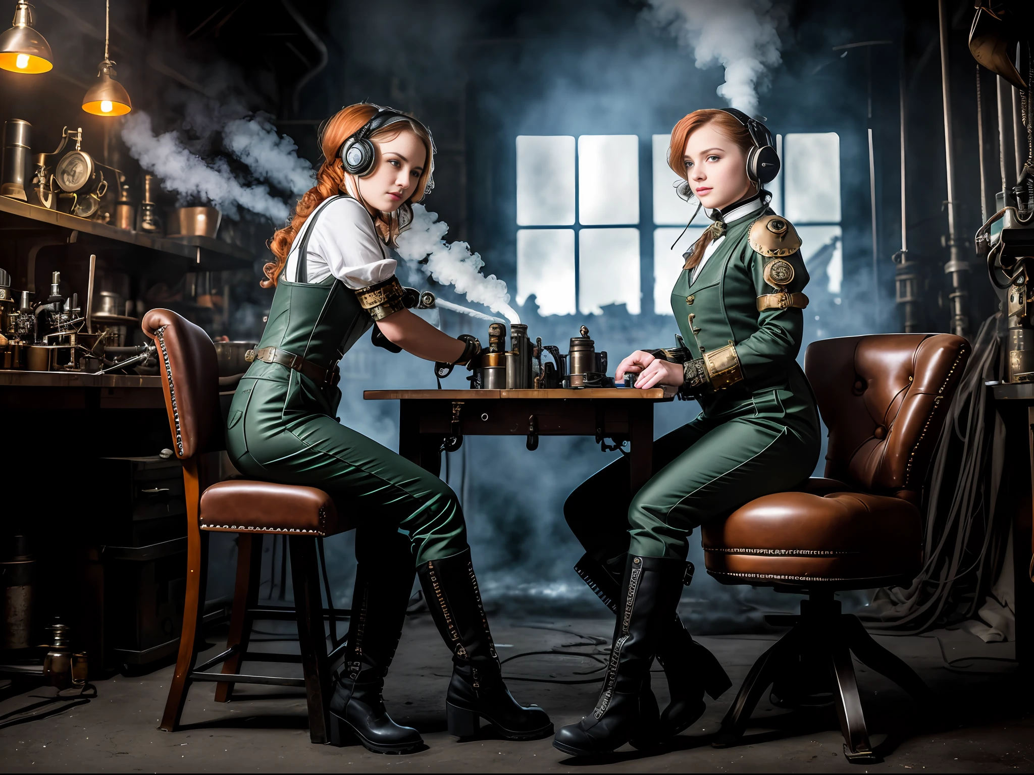 hyper photorealism, perfect ???????, realistic character, very high contrast lighting, cinematic lighting, dramatic lighting, profile, shot from the back, shot from below, (((a girl on a chair is repairing a machine in the steamy smoky workshop))), (a 19 yo girl, (Ana de Armas:0.70), (redhead:1.1)), very cute and smiley, (perfect eyes:1.1), photorealistic wavy hair, a girl in a steampunk jumpsuit in light gray color, intercom headset, steampunk choker, long leather boots, perfect detailed face, detailed symmetric green eyes with circular iris, fixing a steam engine in the steampunk garage filled with steam and smoke, cogs and gears, steamy background with lots of steam pipes and steam valves and pressure gauges and gears, intricate background, very highly detailed costume, very highly detailed background, steampunk fantasy style, steampunk , steampunk aesthetic, steamy, Canon 5D, f1.8 lens