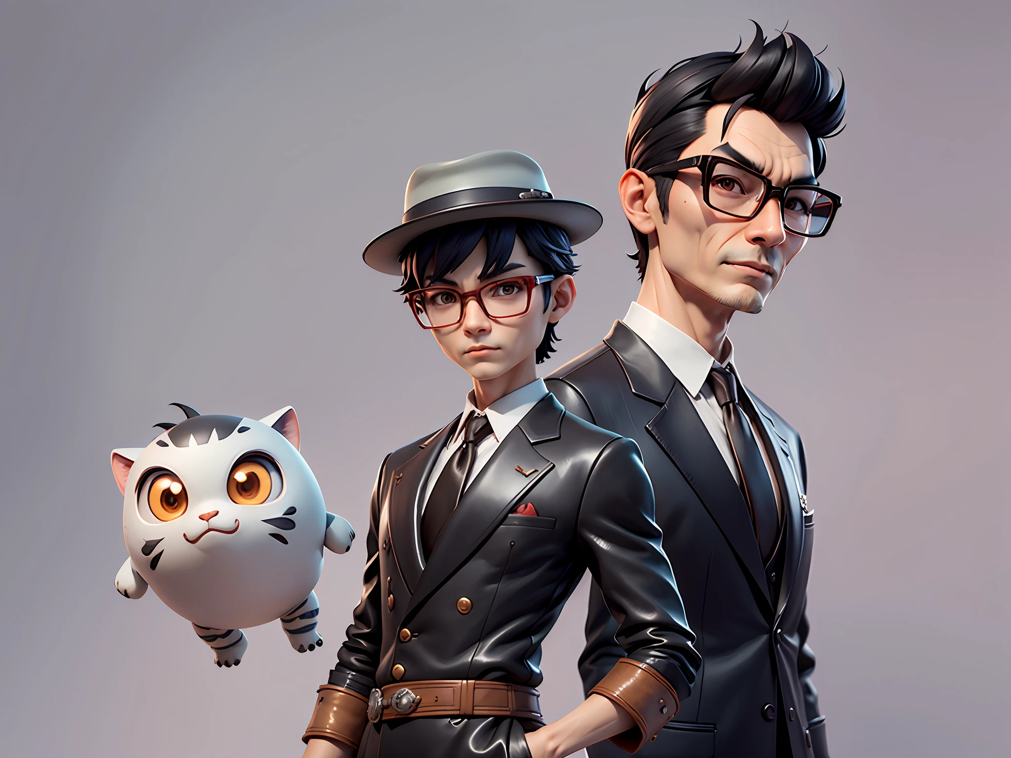 Young man with oriental face in leather hat, tiger, oriental face in formal suit, short black hair, silver glasses, digital painting, 3D character design by Mark Clairedon and Pixar and Hayao Miyazaki and Akira Toriyama, the illustration is a high-definition illustration in 4K resolution with very detailed facial features and cartoon-style visuals.