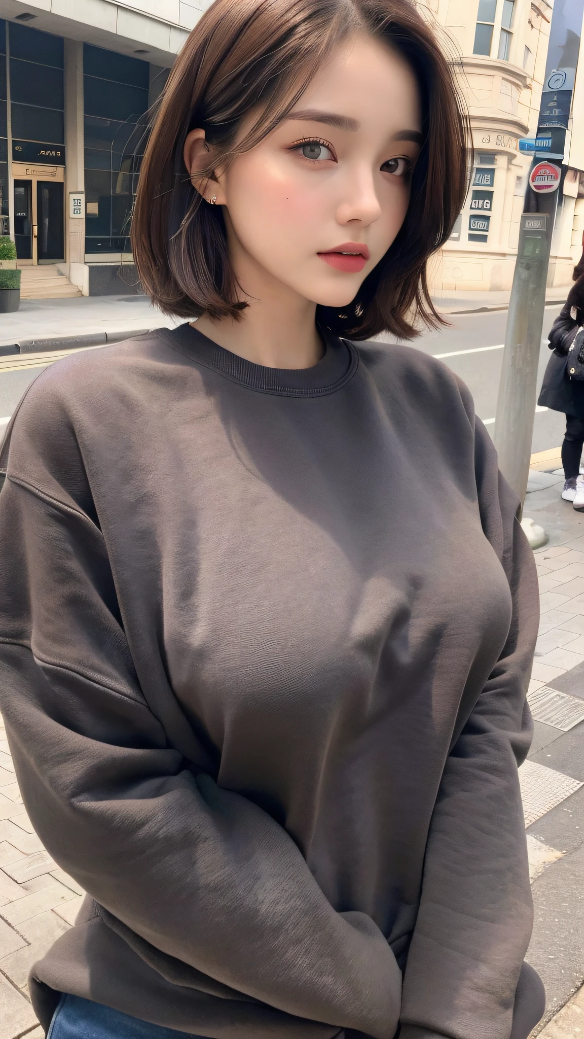 (Best quality, high resolution, masterpiece: 1.3), a beautiful woman, big breasts, slim figure, (short dark brown hair), sweatshirt, beautifully presented details in the street and facial and skin texture, detailed eyes, double eyelids, big eyes
