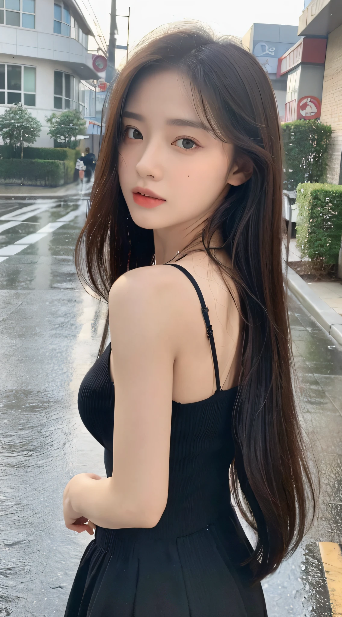 ((Best Quality, 8k, Masterpiece: 1.3)), Focus: 1.2, Perfect Body Beauty: 1.4, Buttocks: 1.2, (Layered Haircut: 1.2)), (Rain, Street:1.3), Highly detailed face and skin texture, Fine eyes, Double eyelids, Whitening skin, Long hair, (Round face: 1.5), sweet_lolita