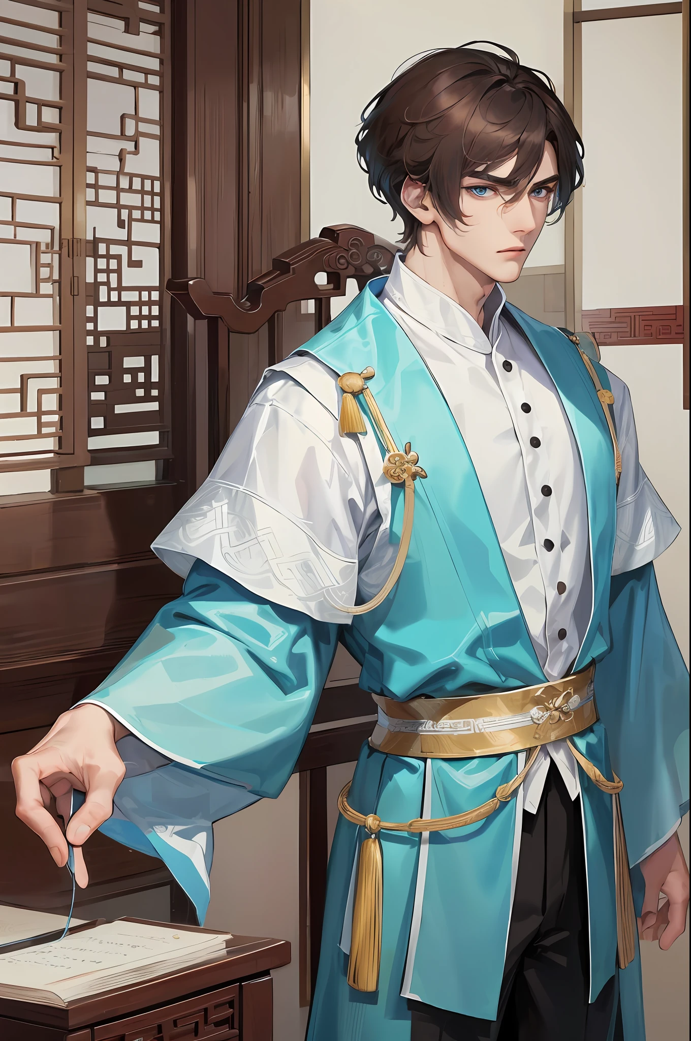 Masterpiece, Excellent, Daytime, 1 person, mature man, Chinese style, ancient China, Chinese court, turquoise brown hair, gray-blue eyes, split hair, short hair, long bangs, handsome, handsome, masculine, serious, gentle, tall, quiet, light blue plain