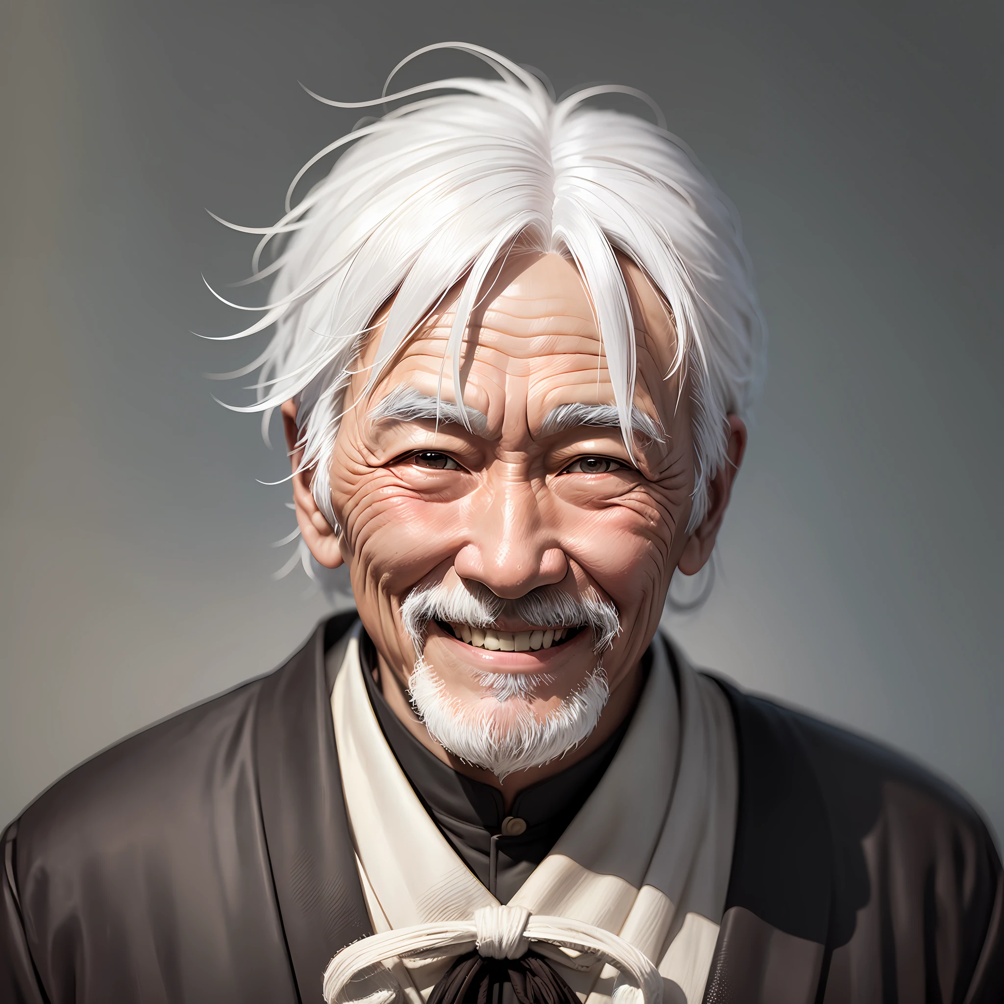 Chinese old man, male, bust, kind smile, white hair, no beard, dressed in black --auto --s2