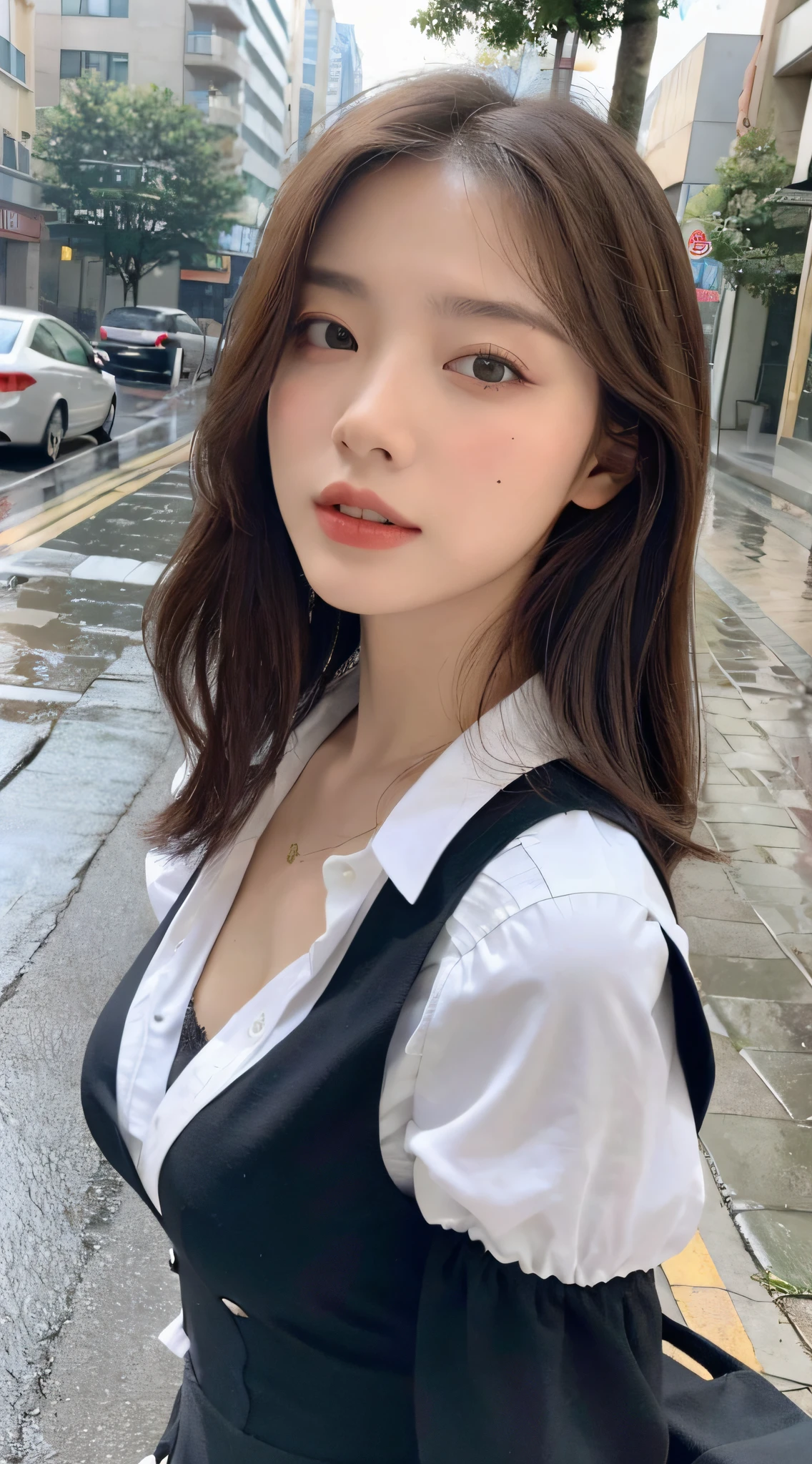 ((Best Quality, 8k, Masterpiece: 1.3)), Focus: 1.2, Perfect Body Beauty: 1.4, Buttocks: 1.2, (Layered Haircut: 1.2)), (Rain, Street:1.3), Highly detailed face and skin texture, Fine eyes, Double eyelids, Whitening skin, Long hair, (Round face: 1.5), sweet_lolita