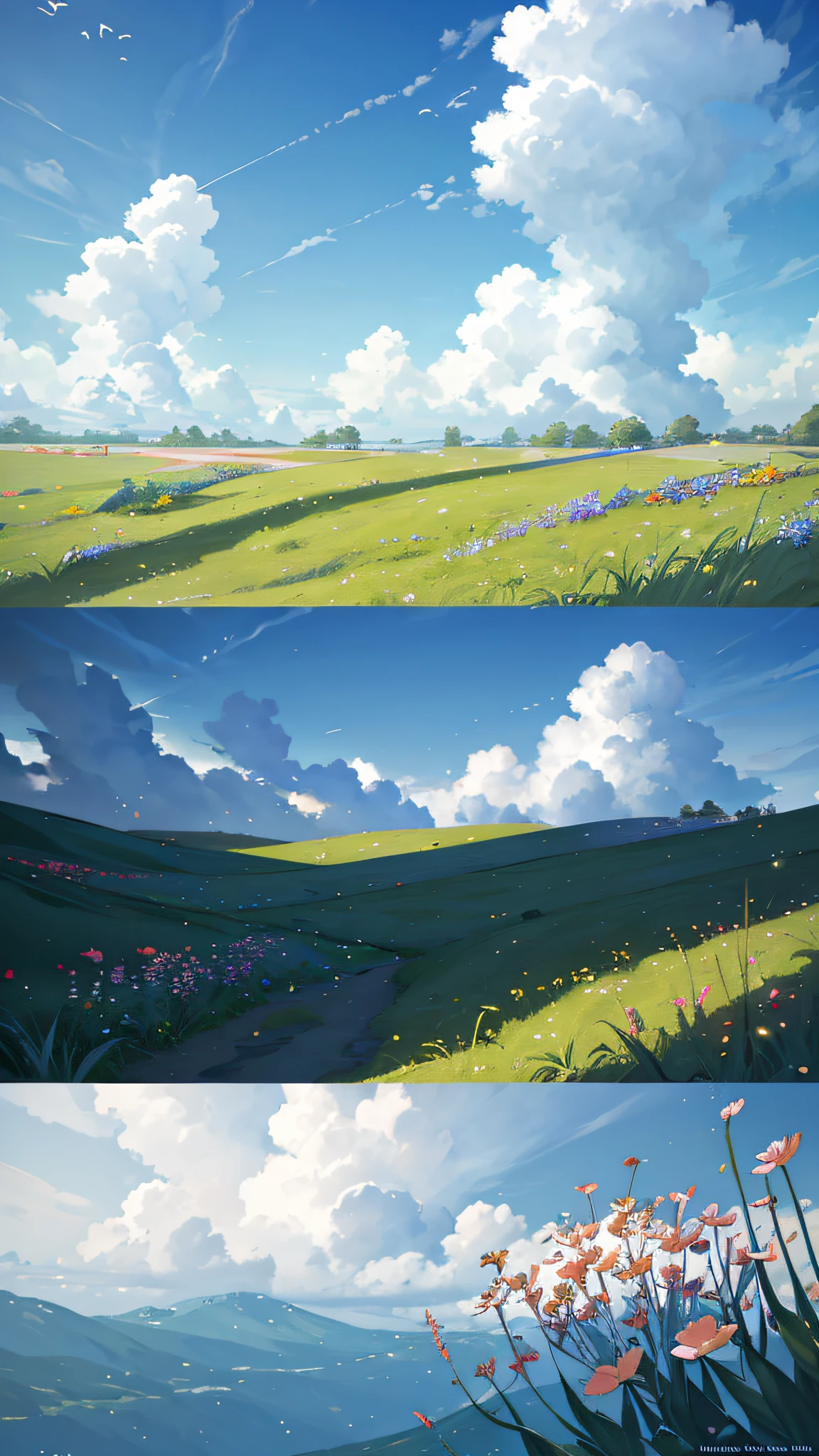 Summer, meadows, a few small flowers, heavenly views, large clouds, blue skies, hot weather, HD detail, wet watermarks, hyper-detail, cinematic, surrealism, soft light, deep field focus bokeh, ray tracing, and surrealism. --v6