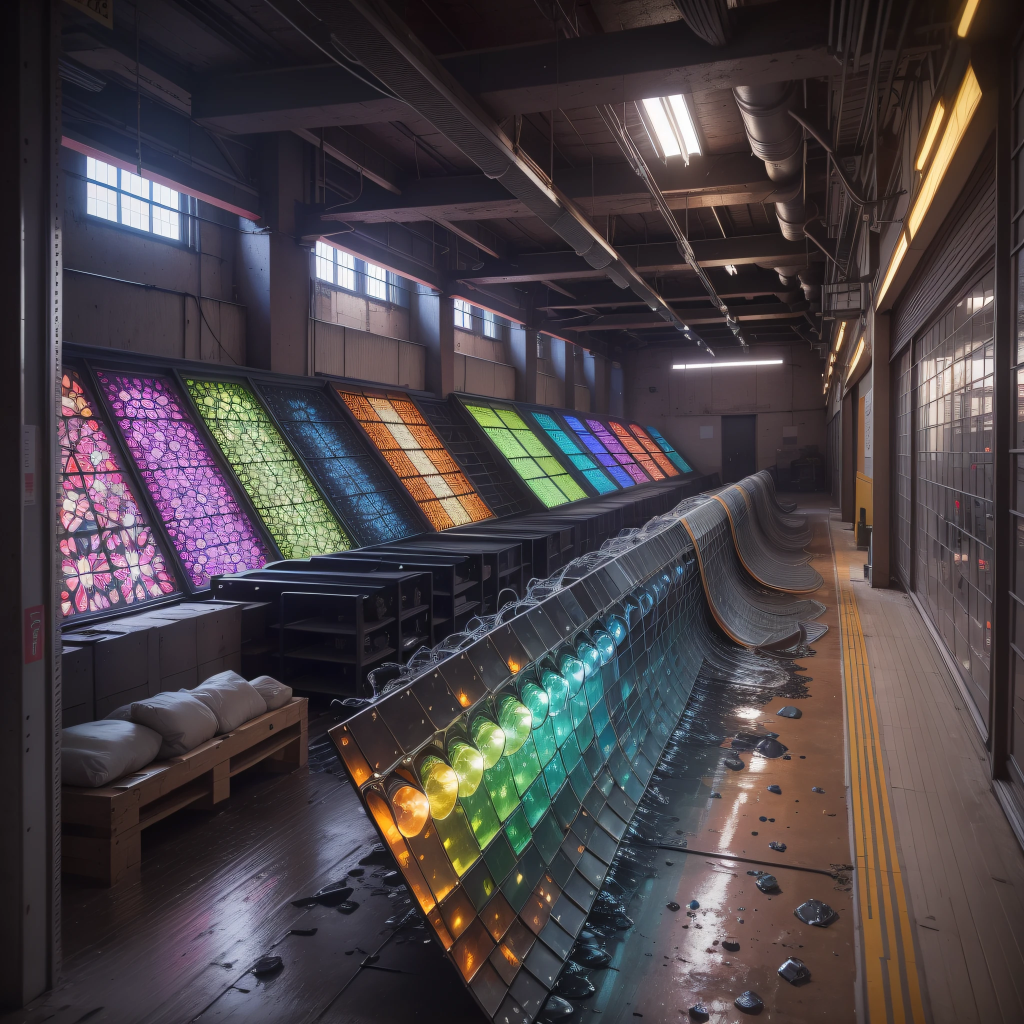 Photography Prompt: In the heart of a forgotten warehouse, capture the vibrant and chaotic dance of light and shadow as it reflects off a collection of multicolored crystal prisms suspended from the ceiling. The prisms, delicately arranged in a web-like formation, cast mesmerizing refractions across the otherwise dim space. Utilize a long exposure technique to capture the swirling patterns of light as they bounce off rough, industrial surfaces. Employ a vintage lens to evoke a touch of nostalgia, enhancing the whimsical atmosphere. Invite viewers to lose themselves in the kaleidoscope of hues, tones, and textures, transporting them to a realm where reality blends into a vivid, dreamlike mosaic, Fine, Detailed and luxurious, in the style of Dariusz Zawadzki, Joachim Brohm and David Shrigley, HDR