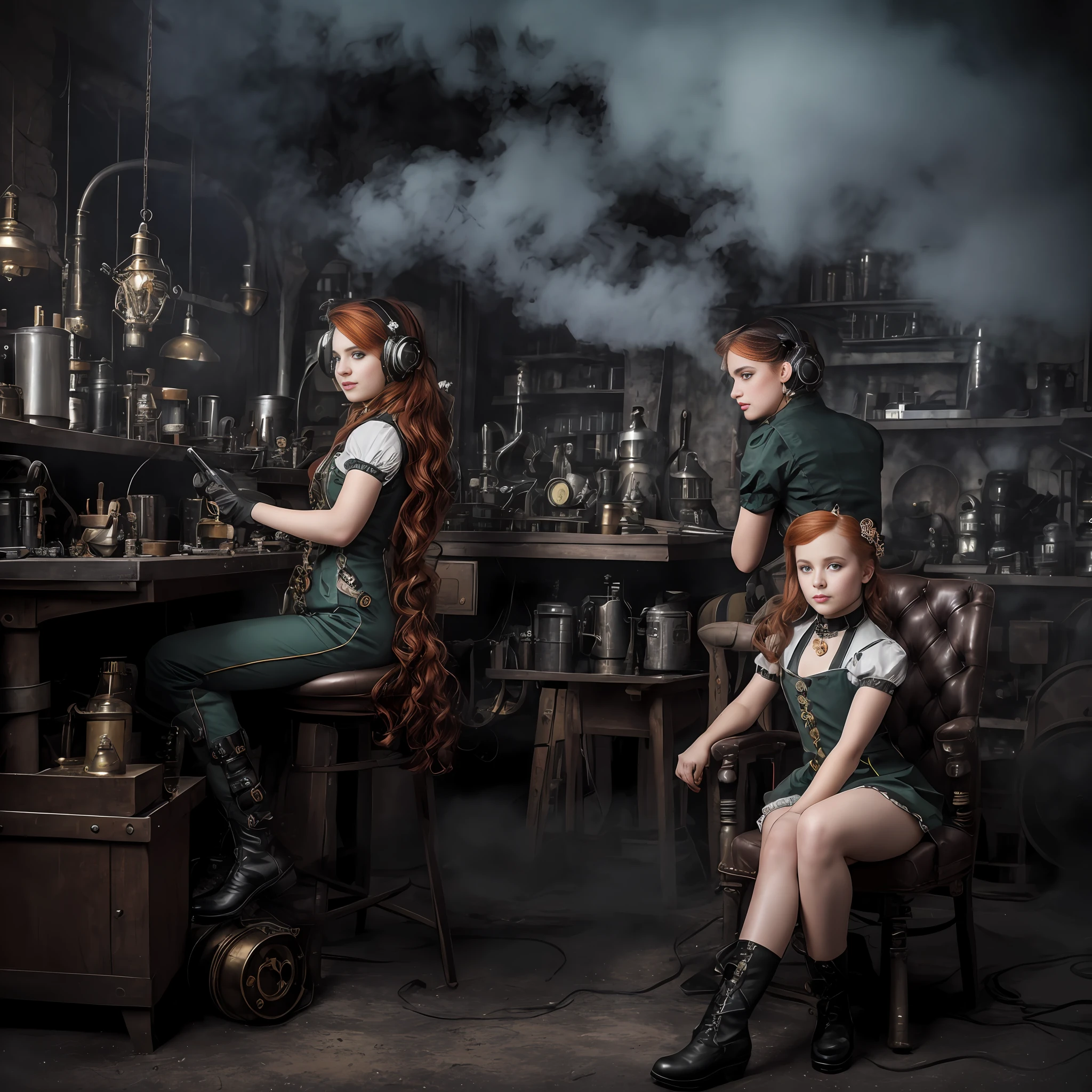 hyper photorealism, perfect anatomy, realistic character, very high contrast lighting, cinematic lighting, dramatic lighting, profile, shot from the back, shot from below, (((a girl on a chair is repairing a machine in the steamy smoky workshop))), (a 19 yo girl, (Ana de Armas:0.70), (redhead:1.1)), very cute and smiley, (perfect eyes:1.1), photorealistic wavy hair, a girl in a steampunk jumpsuit in light gray color, intercom headset, steampunk choker, long leather boots, perfect detailed face, detailed symmetric green eyes with circular iris, fixing a steam engine in the steampunk garage filled with steam and smoke, cogs and gears, steamy background with lots of steam pipes and steam valves and pressure gauges and gears, intricate background, very highly detailed costume, very highly detailed background, steampunk fantasy style, steampunk , steampunk aesthetic, steamy, Canon 5D, f1.8 lens