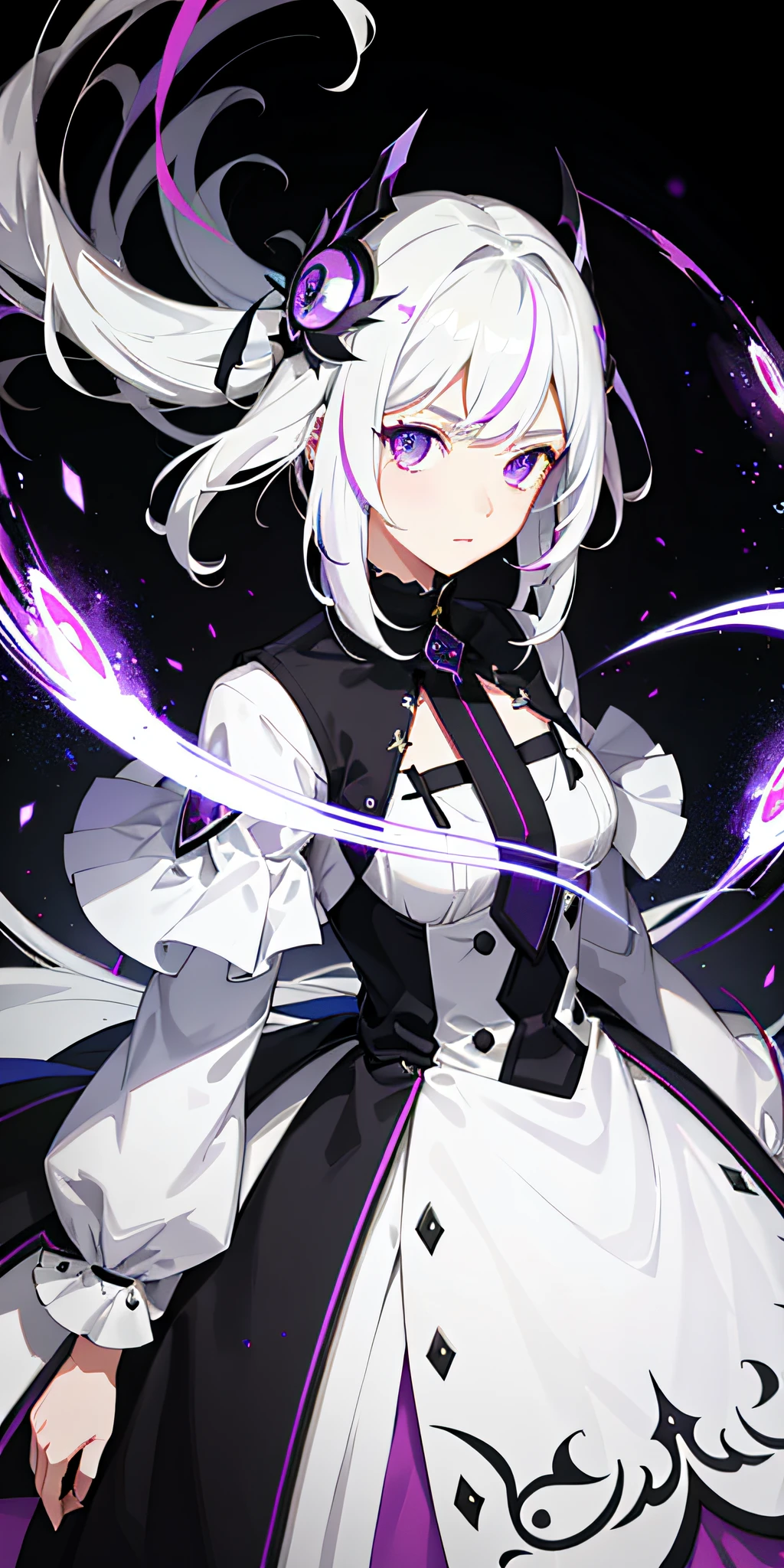 1girl, white hair, multicolored hair, purple eyes, mask on head, sidelighting, light particles, wallpaper,