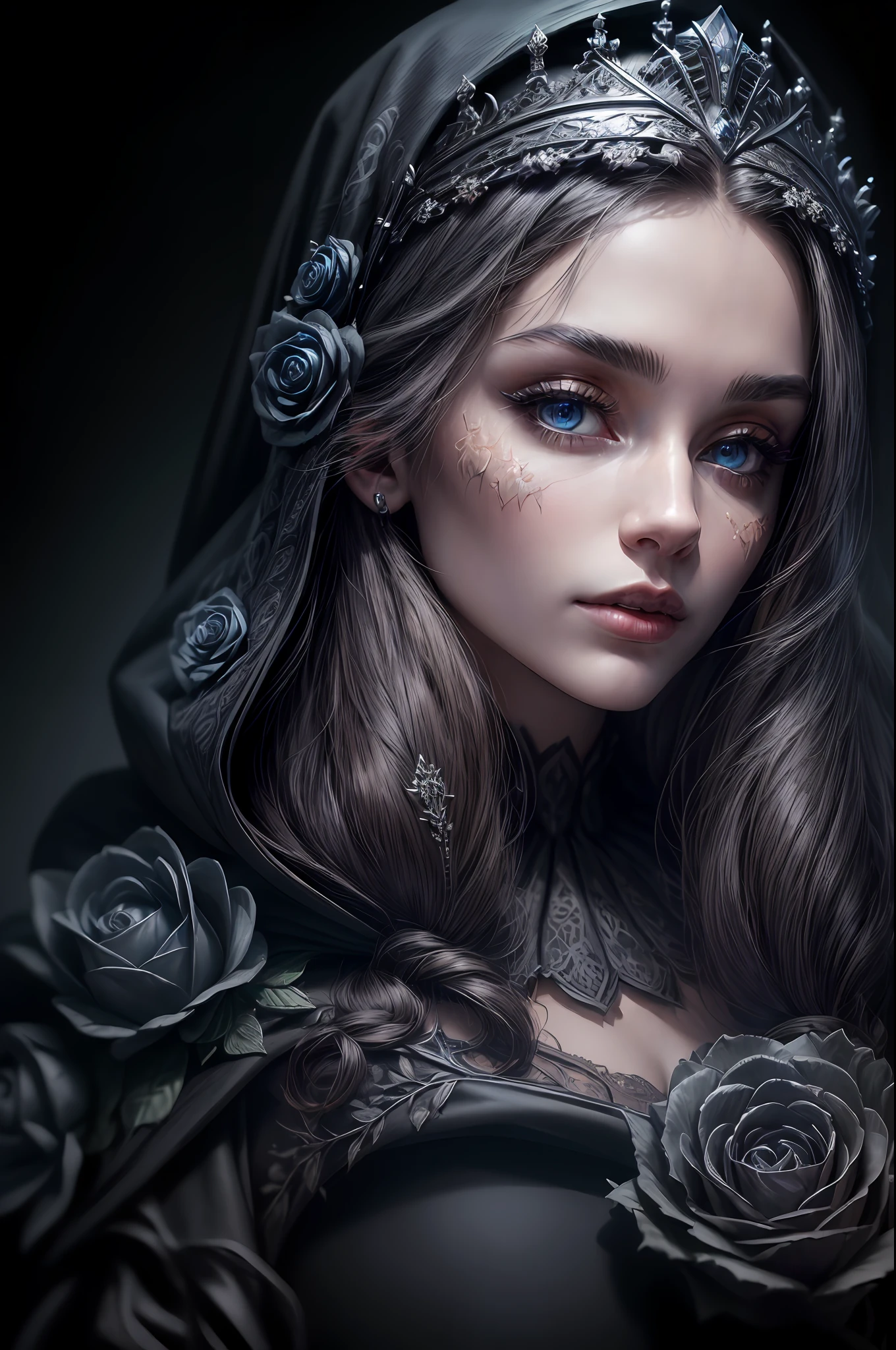 (masterpiece,best quality,realistic:1.37), (intricate and delicate, high detailed skin and face), beautiful queen in black dress suite, wraping in luxurious dark hooded robes, dark roses and skull adorn her cloth, (tiara,roses,skull ornamental,black,dark),blue eyes, dark background, cinematic soft lighting