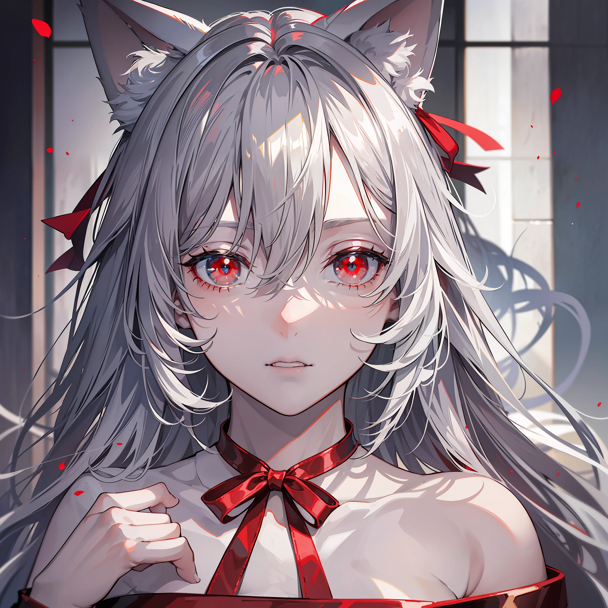 Masterpiece, Best Quality, Cinematic Lighting, Photorealism, Gray Hair, Long Hair, White Cat Ears, White Skin, Open Shoulders, Red T-shirt, Red Ribbon, Provocative, Cerebrant, Teenage Girl, Perfect Hands