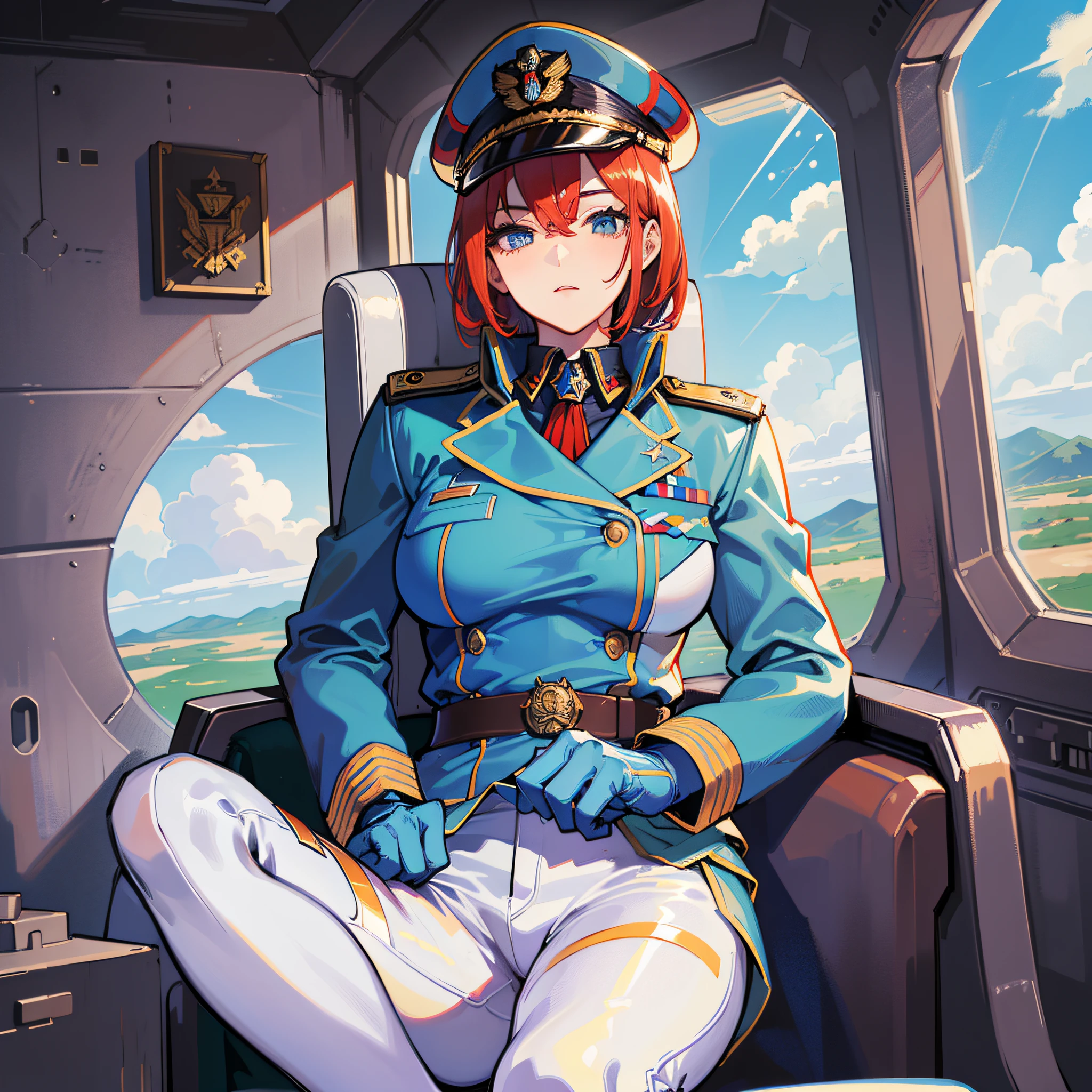 ((Masterpiece)), ((Highest Image Quality)), ((Best Quality)), (Illustration of One Girl), Full Body, 25 Years Old, Short Red Hair, (Thin Hair on Both Sides of Face), Blue Eyes, (((Tall)), ((Muscular Strong Body)), ((Manspreading)), ?????????, (((Military Uniform)), (Military Hat)), (Military Coat)), (White Clothes), (White Pants), (White Hat), Trench Coat, ((Inside the spaceship, sitting in the captain's seat)), (outside the window, space, Earth seen from space, spaceport)
