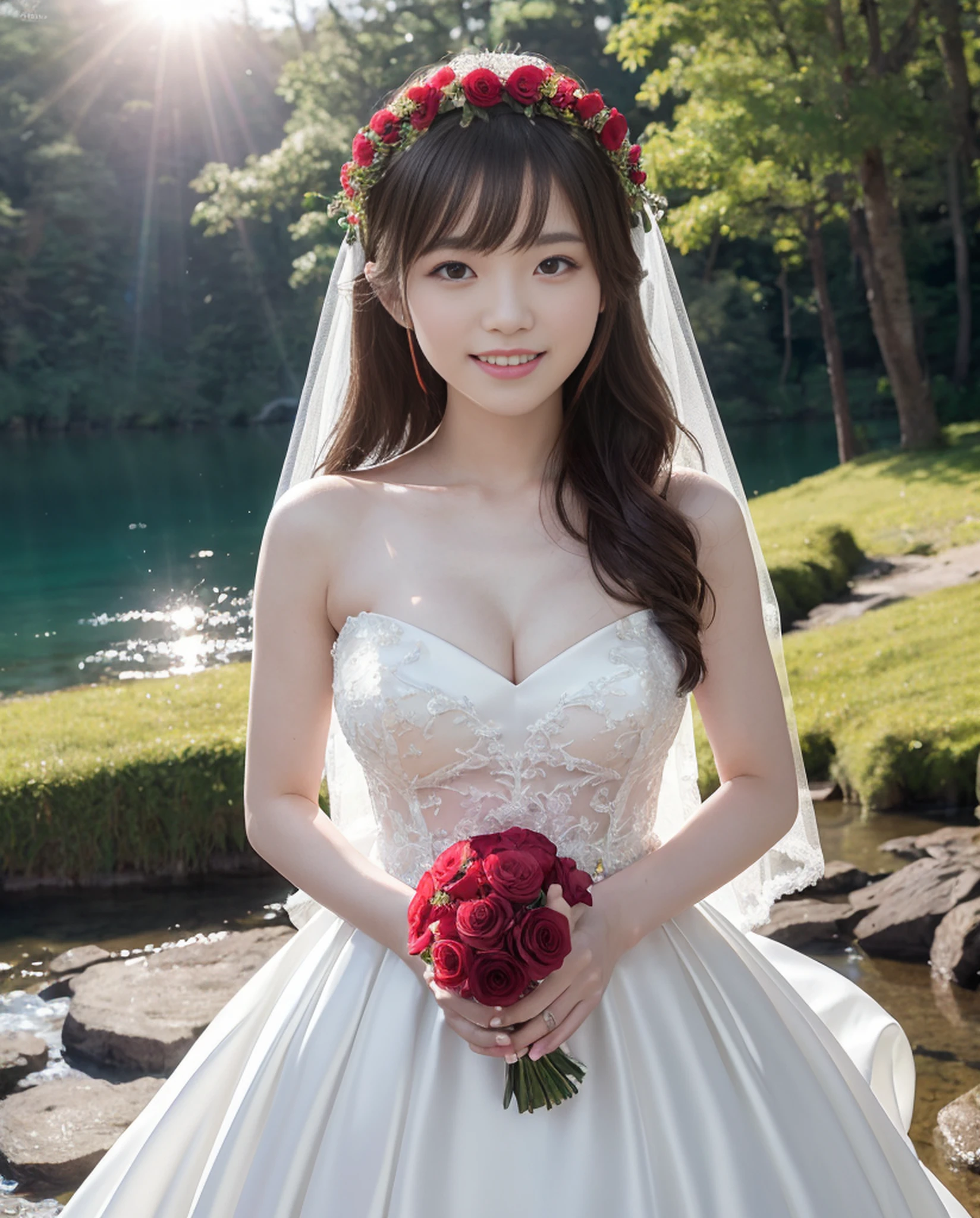 Flash softbox is reflected ((1 person))))),((Photorealistic)))), ((AKB 48)), (Full body photo))), (Lens flare),((Backlight)), ((In the woods))((Dark mountain lake))),(((Rock in the background)),Flower crown,(Smiling)),((NIKON Z))),(19 years old),( Undersized bust)))), ((((bright red wedding dress))))), ((((Pore feeling)))((skin feel)),(Photorealism:6, real))),Perfect lower body shape,ribbon,hair ornament,pale skin,looking at the viewer,Small waist