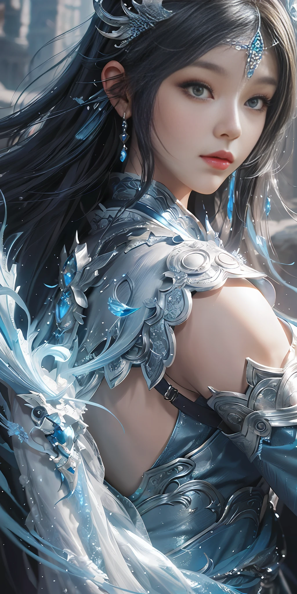 a close up of a woman in a silver and blue dress, chengwei pan on artstation, by Yang J, detailed fantasy art, stunning character art, fanart best artstation, epic exquisite character art, beautiful armor, extremely detailed artgerm, detailed digital anime art, artgerm on artstation pixiv, armor girl