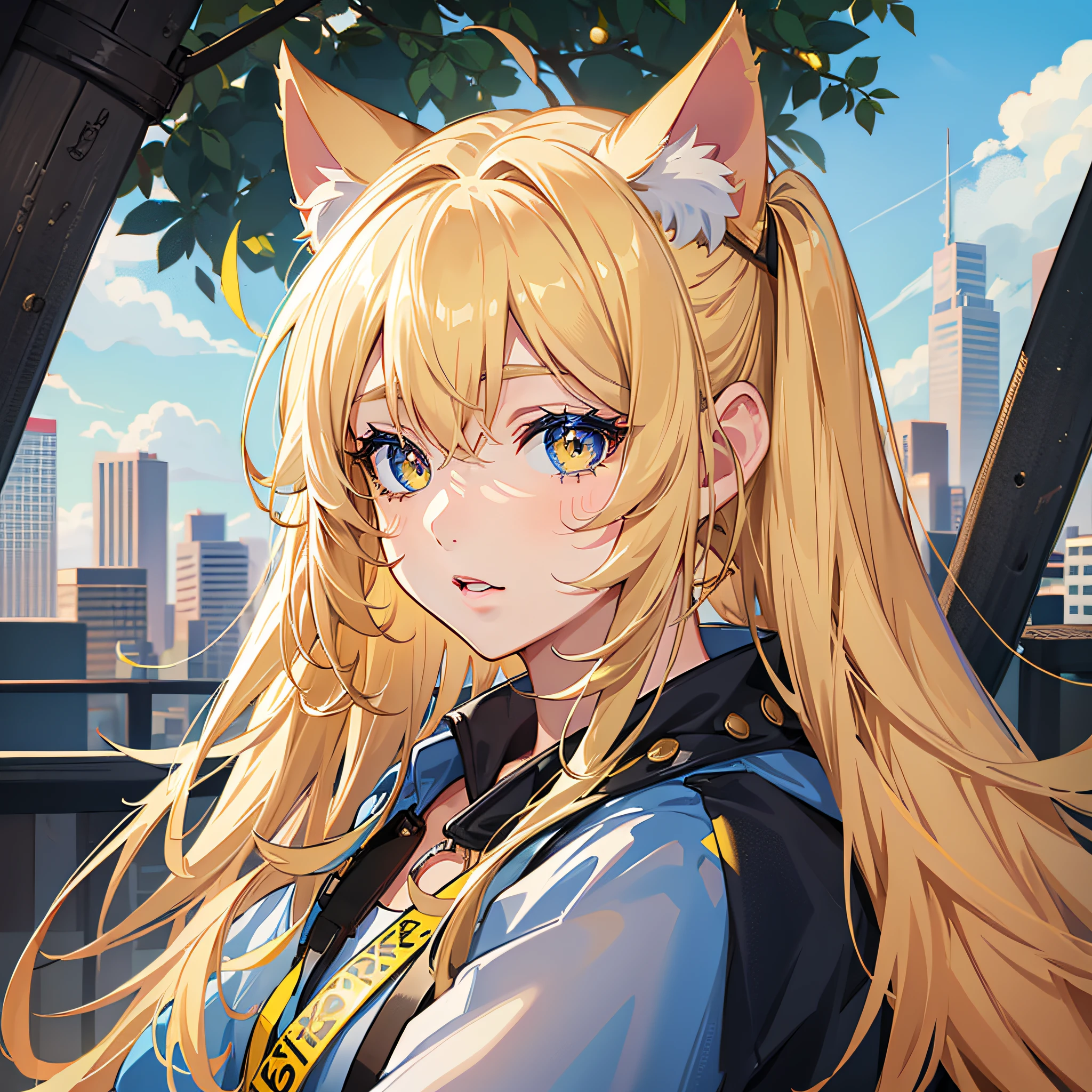 girl, cat ears, blonde hair, (( Blue Left Eye, Yellow Right Eye))