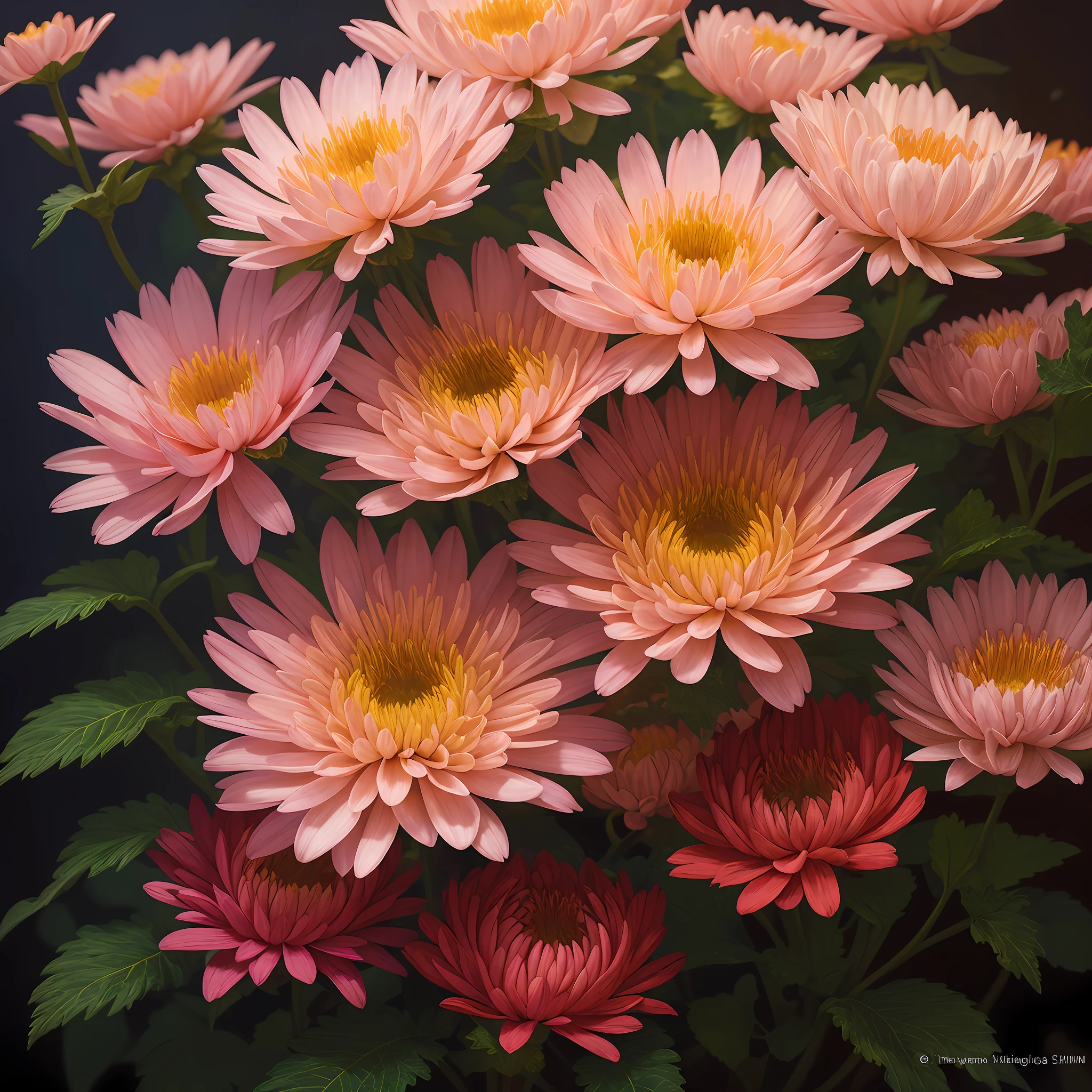 A flower by Casey Weldon, Olga Kvasha, Miho Hirano, hyperdetailed intricately detailed gothic art trending on Artstation triadic colors Unreal Engine 5 detailed matte painting, deep color, fantastical, intricate detail, splash screen, complementary colors, fantasy concept art, 8k resolution, gothic deviantart masterpiece, (dark shot:0.9), art by greg rutkowski and artgerm, soft cinematic light, adobe lightroom, photolab, hdr, intricate, highly detailed, chrysanthemum