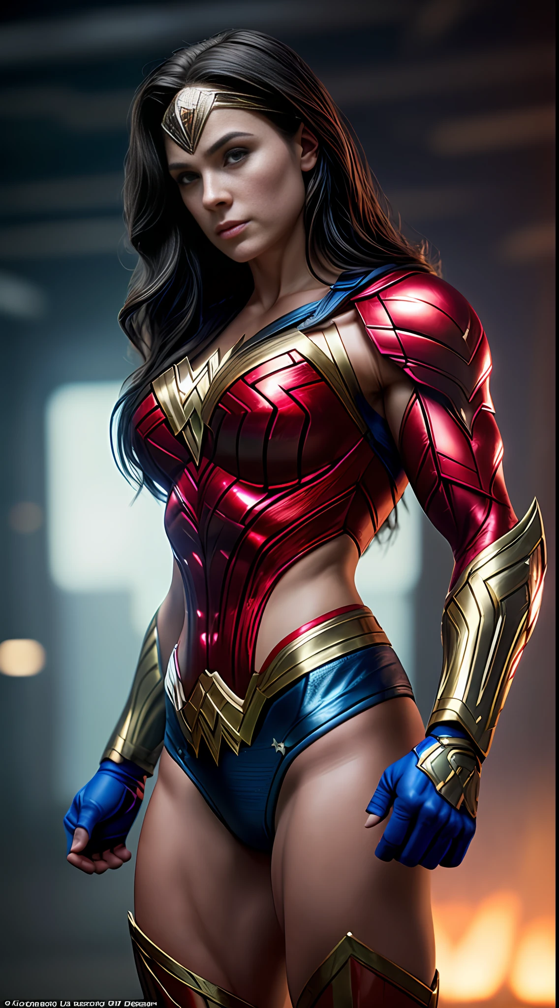 Cinematic soft lighting illuminates a stunningly detailed and ultra-realistic Wonder Woman bodybuilder, muscular, super strong, red and blue armor, that is trending on ArtStation. Octane is the perfect tool to capture the softest details of this 16k photography masterpiece