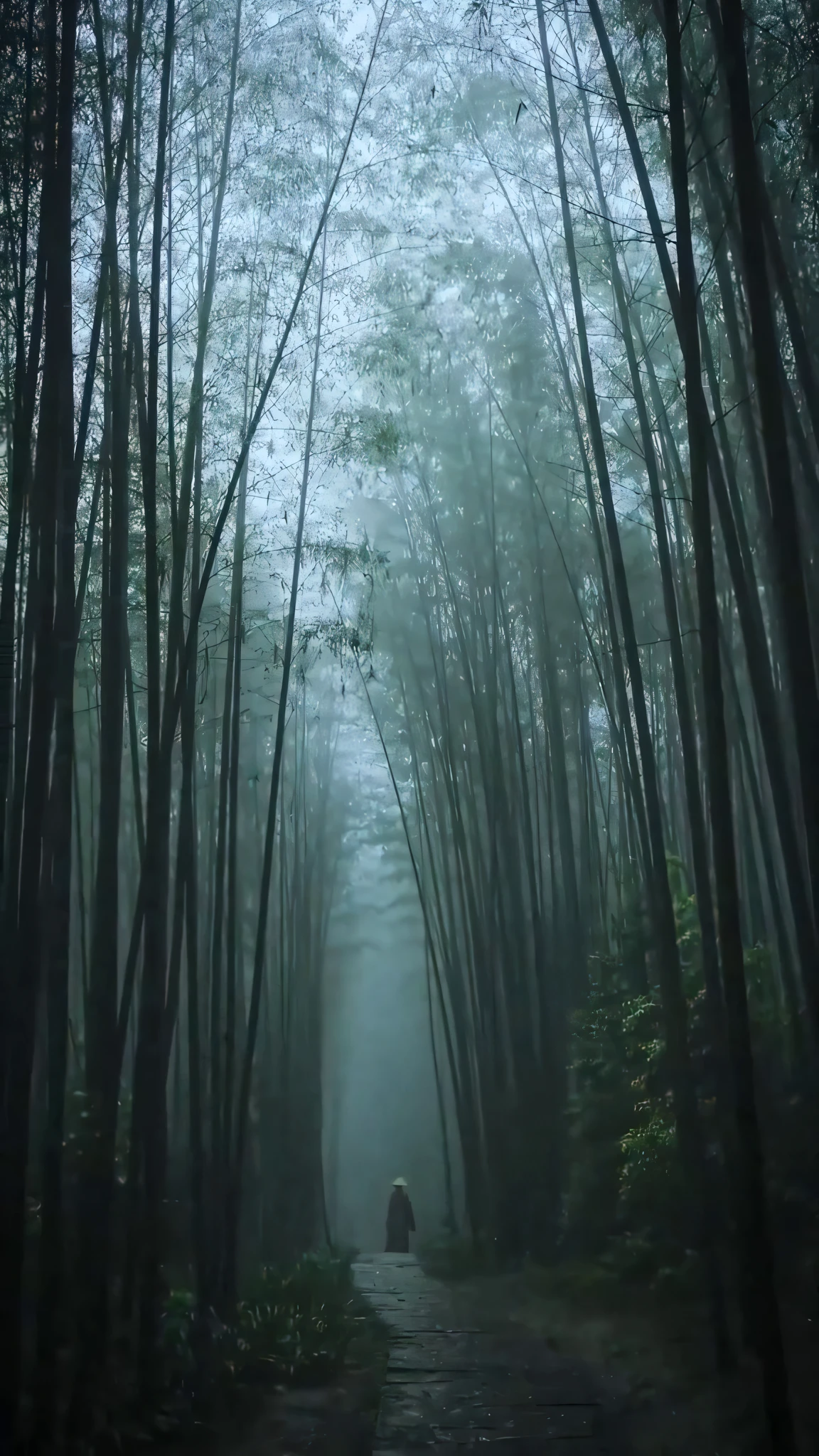 arafed image of a person walking down a path in a forest, misty japanese bamboo forest, deep in a japanese bamboo forest, walking in a bamboo forest, still from a nature documentary, still from nature documentary, ominous and eerie forest, bamboo forest, in a bamboo forest, of bamboo, creepy forest, mysterious and scary forest, an indigo forest in japan