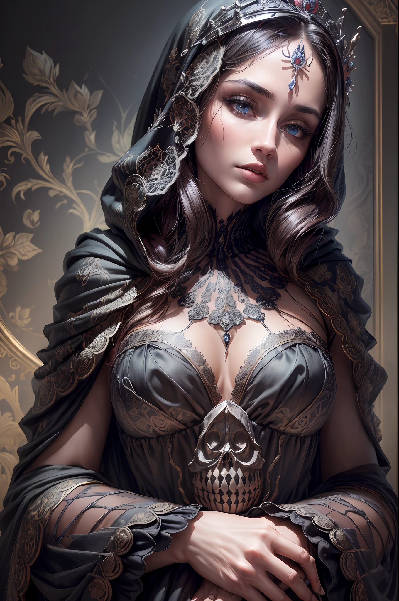 (masterpiece,best quality,realistic:1.37), (intricate and delicate, high detailed skin and face), beautiful queen in black dress suite, wraping in luxurious dark hooded robes, dark roses and skull adorn her cloth, (tiara,roses,skull ornamental,black,dark),blue eyes, dark background, cinematic soft lighting