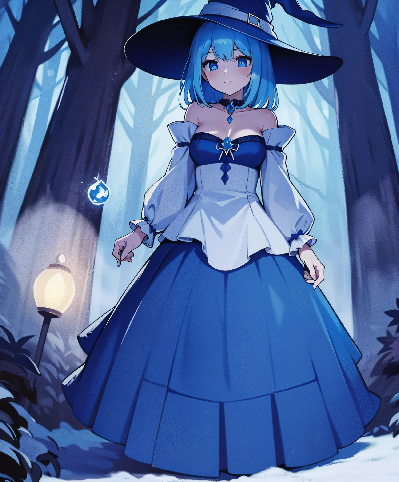 Witch, Cerulean frost colors, witch hat, witch outfit, in a dark creepy forest, masterpiece, best quality