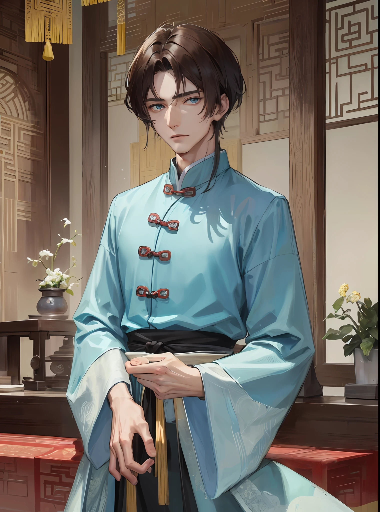 Masterpiece, Excellent, Daytime, 1 person, mature man, Chinese style, ancient China, Chinese court, turquoise brown hair, gray-blue eyes, split ends, short hair, long bangs, handsome, handsome, masculine, serious, gentle, tall, quiet, light blue plain, small two clothing,