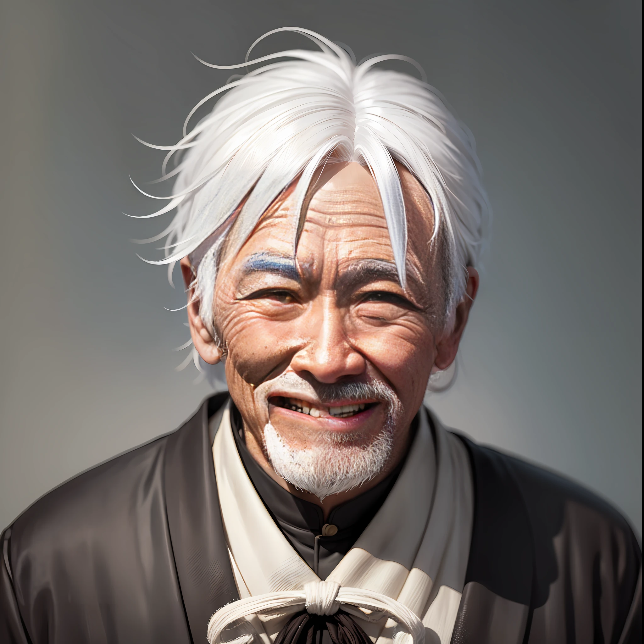 Chinese old man, male, bust, kind smile, white hair, no beard, wearing Chinese black robe, country background --auto --s2