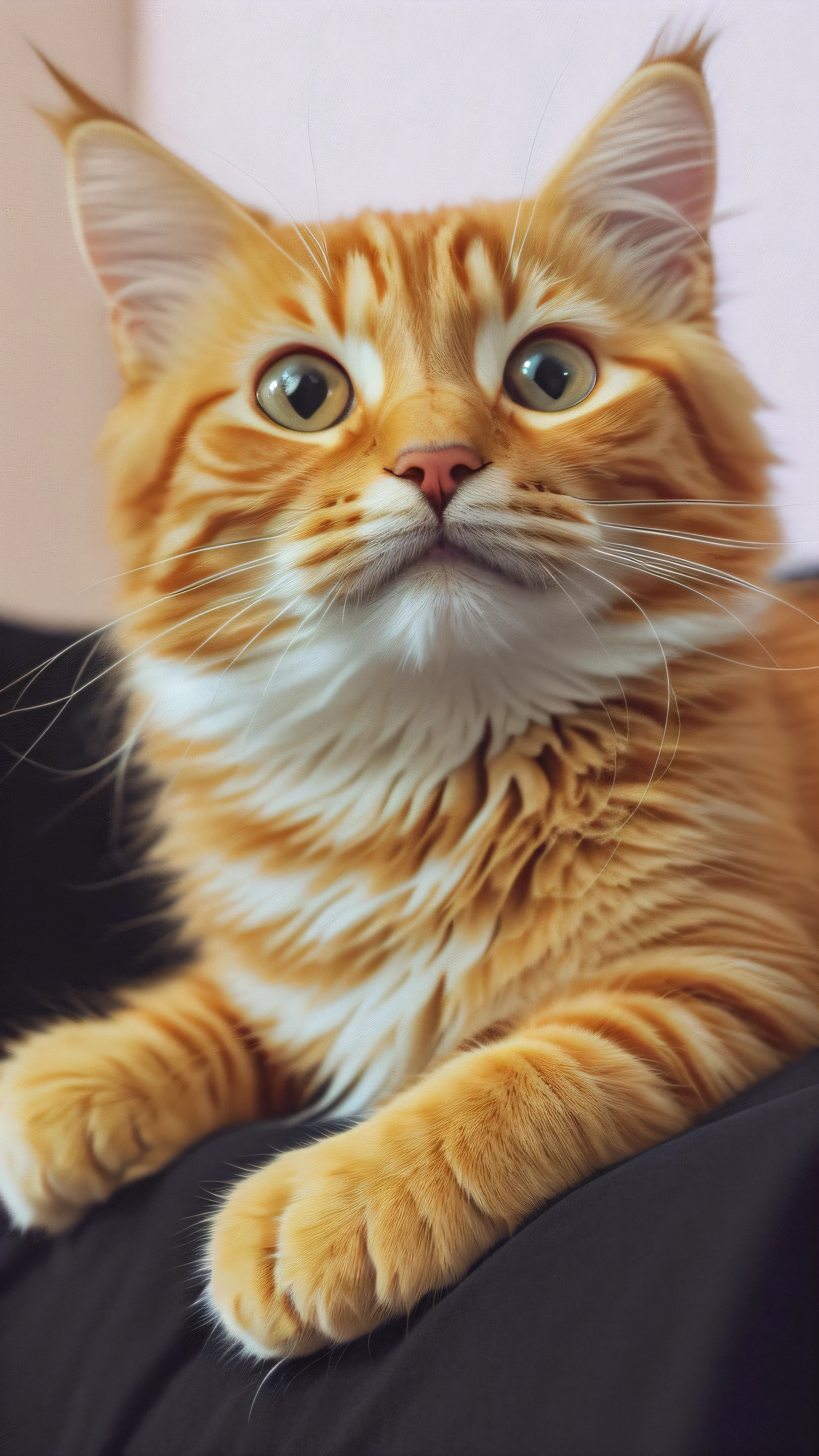 there is a cat that is laying down on a black blanket, cute furry needs your help, an orange cat, orange cat, looking towards the camera, orange fluffy belly, closeup photo, anthropomorphic large maine coon, looking straight to camera, high quality upload, tufty whiskers, ginger cat, close portrait, looking straight to the camera