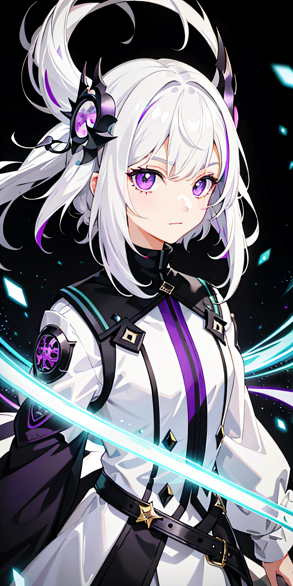 1girl, white hair, multicolored hair, purple eyes, mask on head, sidelighting, light particles, wallpaper,