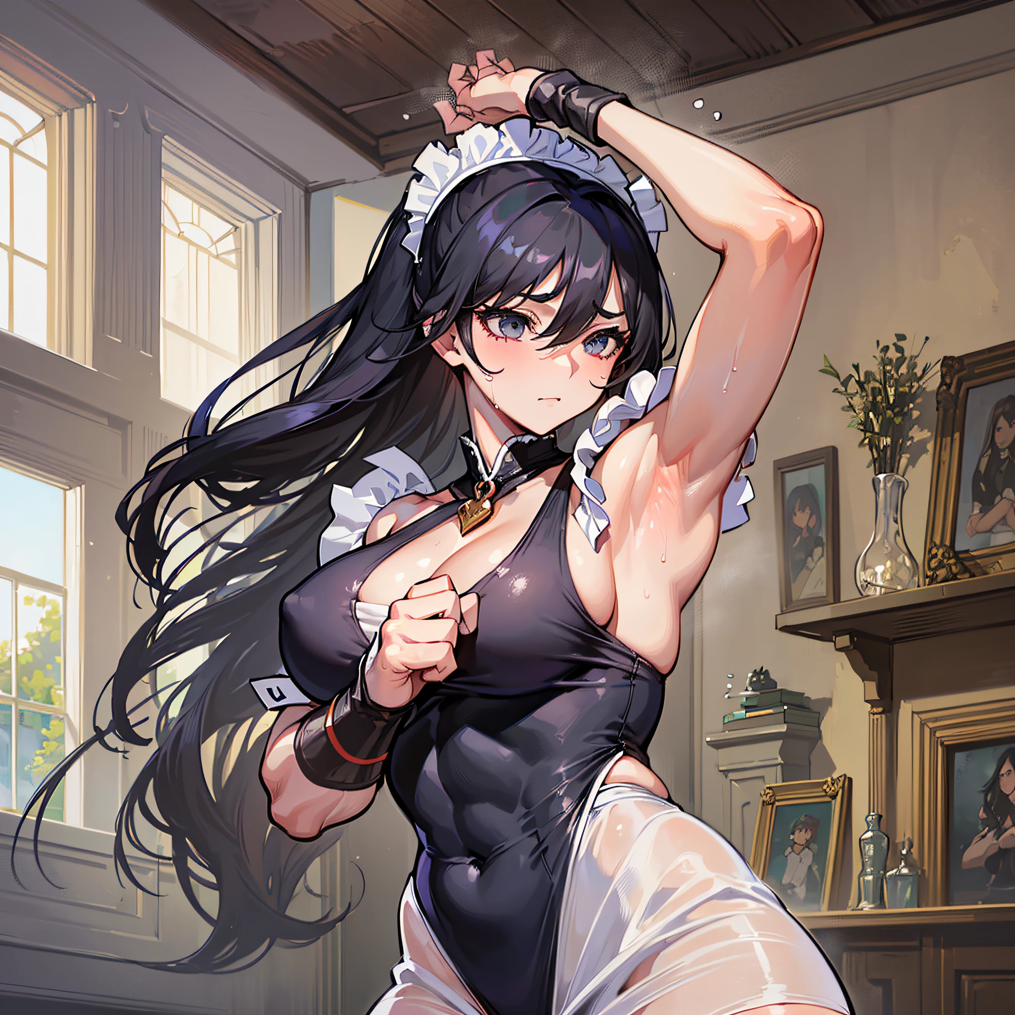 ((Masterpiece)), ((Best Quality)), ((Best Quality)), (Illustration of One Girl), Long Black Hair, Tall, (Muscular Strong Body), (Split Abs), (Muscular and Thick Arms), Body Stuffy with Sweat, Steam Drifting Around the Body, (Armpit Hair)), ((Bristles)), ((Armpit Pose), ((Maid Clothes)), Indoor