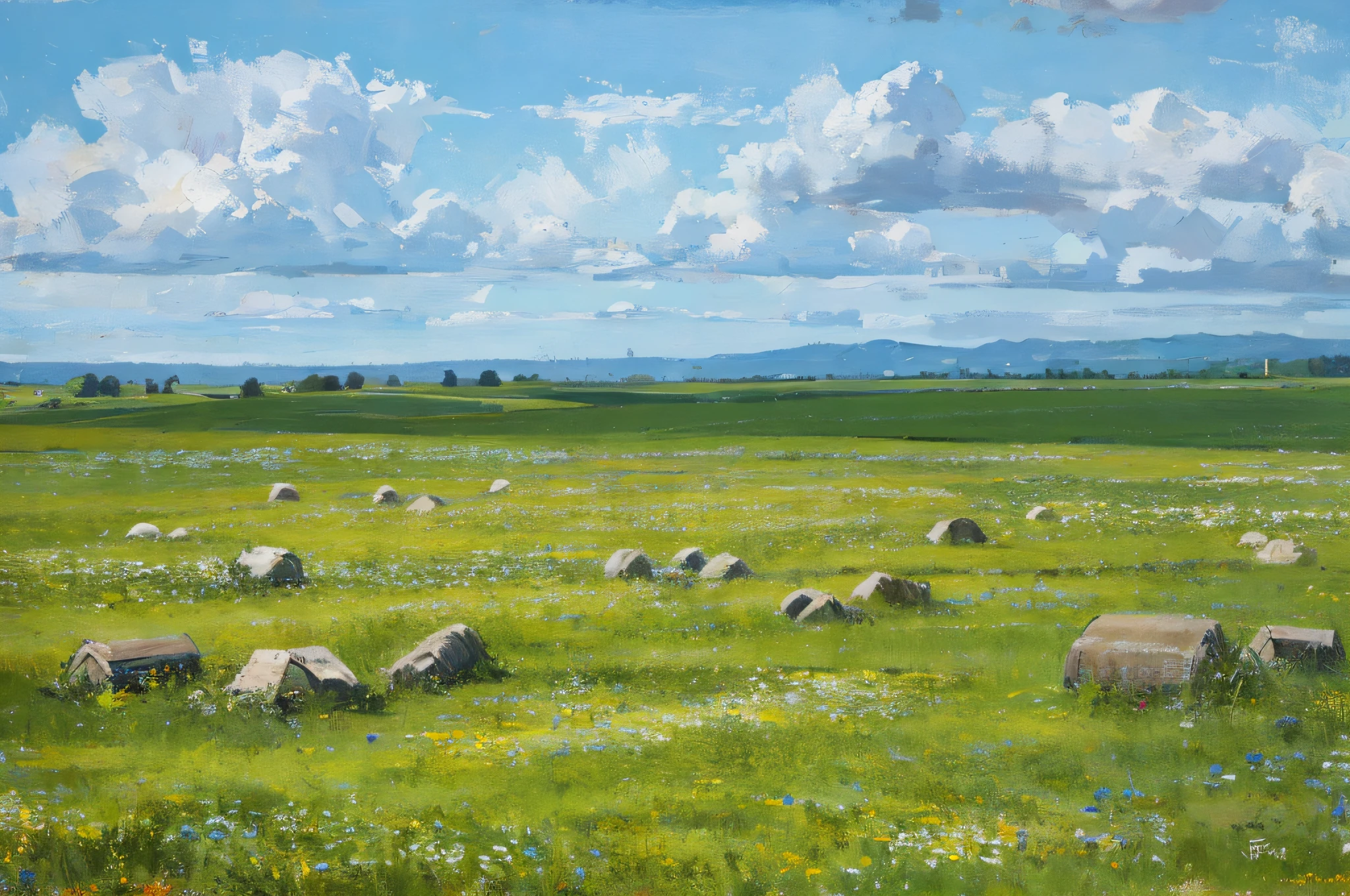 meadow, flowers, blue sky, oil painting, texture