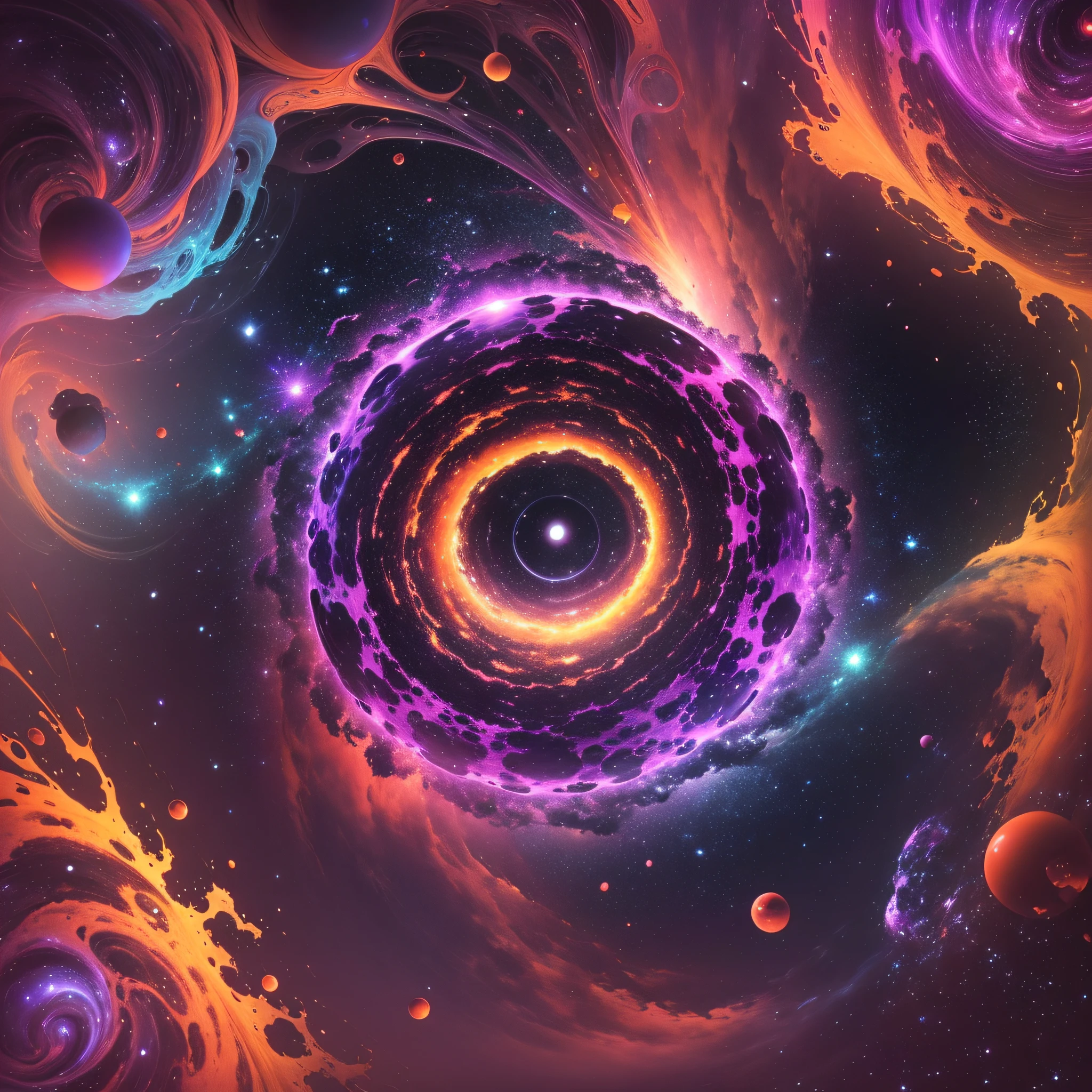 Photo Prompt: Capture a surreal scene of microscopic creatures playing hide and seek amid spinning galaxies, glowing neon in a cosmic underworld, Orange and Purple, splendid, magnificent and exhausting, in the style of Robert Chew, Jenny Saville and Dan Flavin, 2k resolution --auto --s2