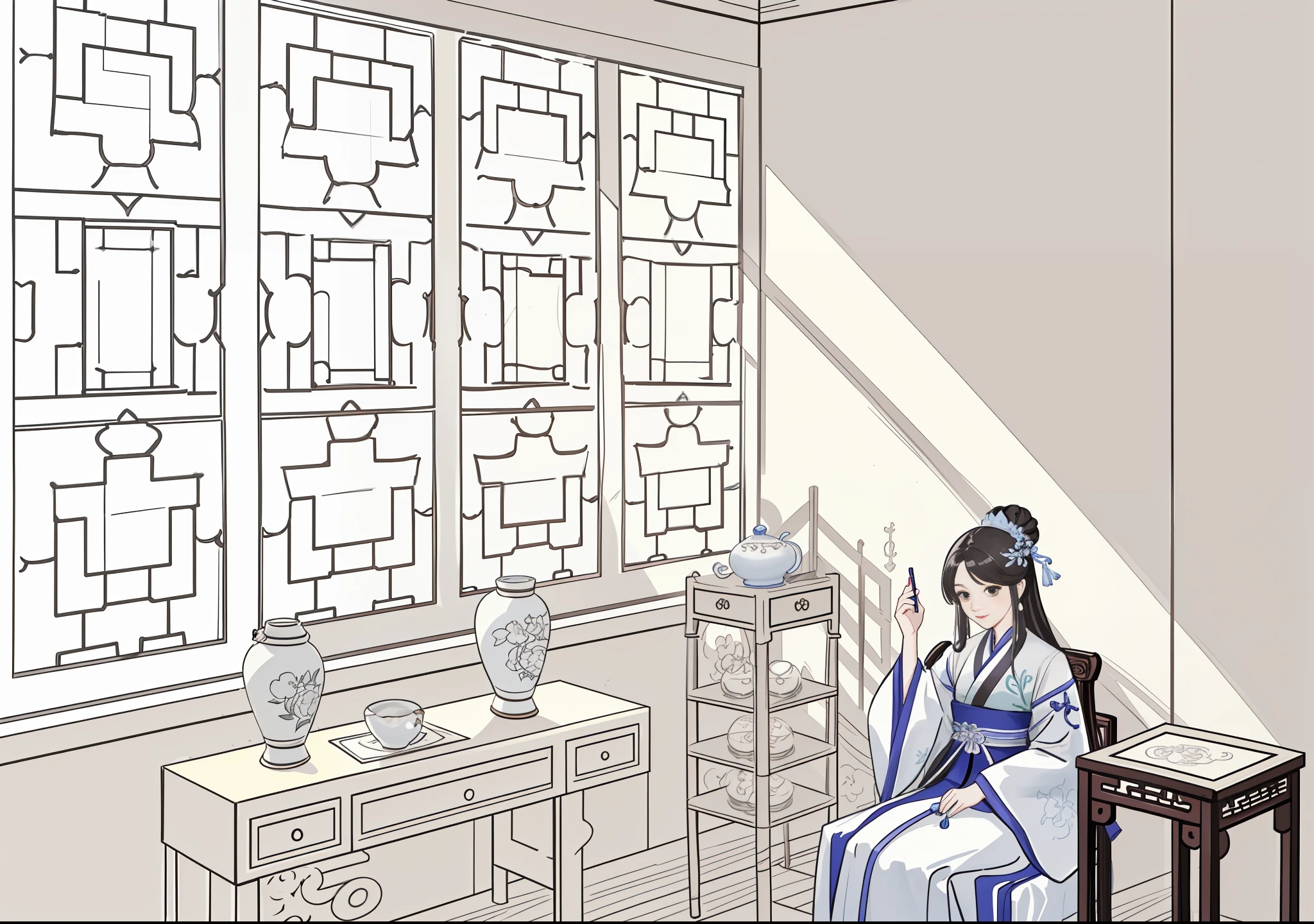 Coloring page of a woman sitting in a chair in the room, clean line art, line art, line art Behance HD, perfect line art, line - art, palace, a girl in Hanfu, highly detailed lines, variable lines, inspired by Tanahara Tani Soda, extremely fine ink line art, inspired by Zhang Zeduan, national style, a painting