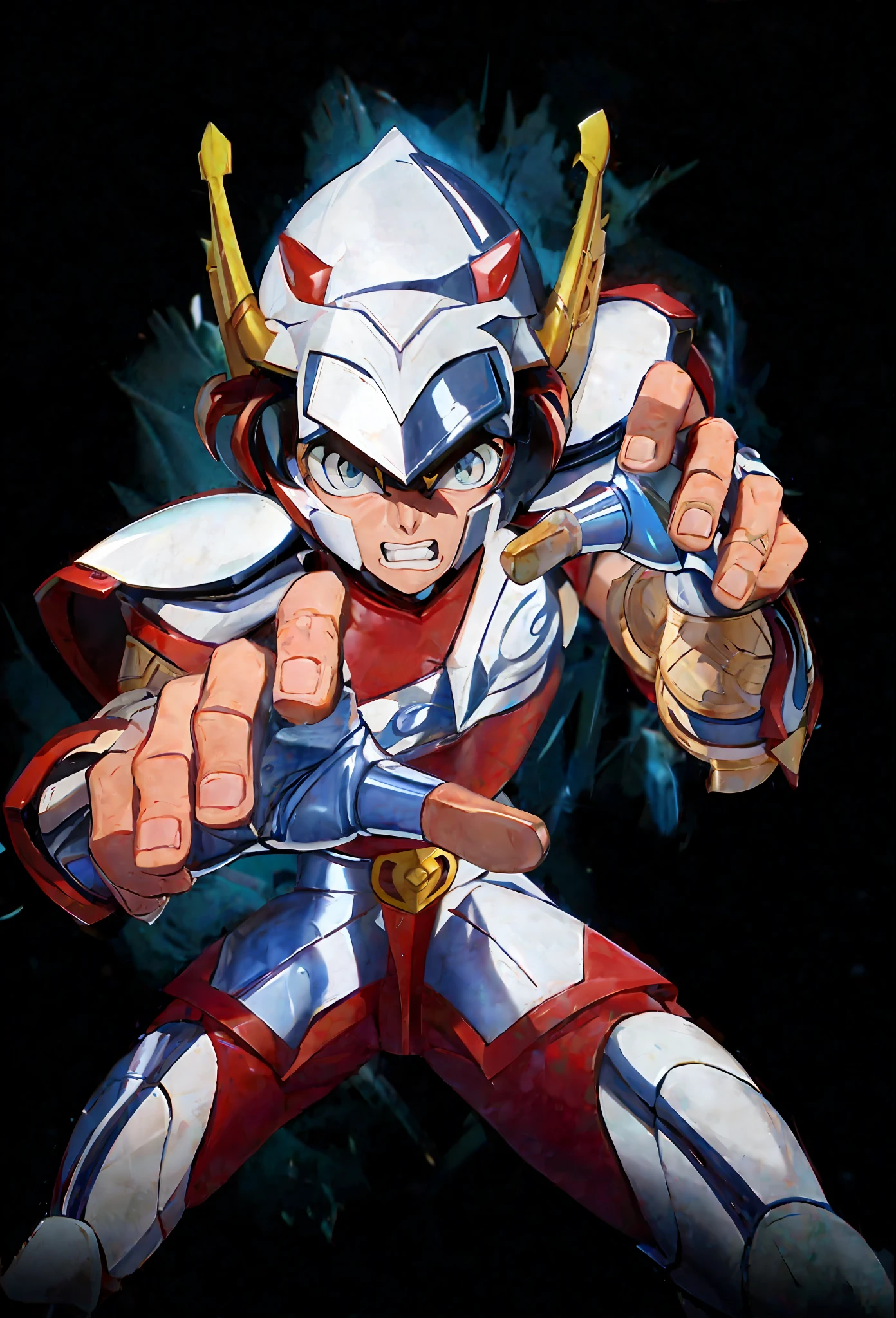 a close up of a cartoon character with a sword in his hand, getter robo, saint seiya, gurren lagan, drawn like the anime speed racer, samurai pizza cats, safebooru anime image, mazinger, go nagai, gojo satoru, kamen rider character, unreal engine render saint seiya, samurai jetstream sam, super robot