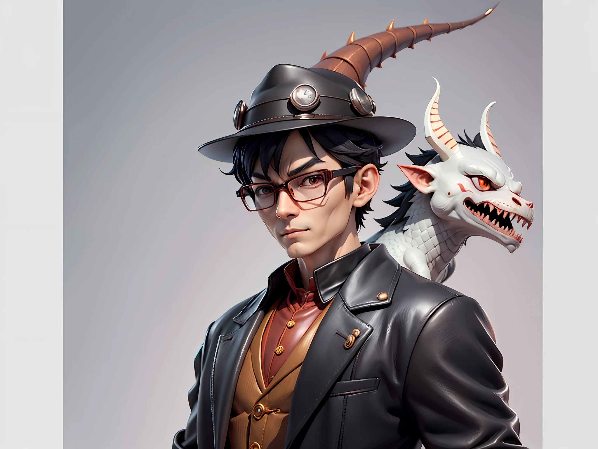 Young man with oriental face in leather hat, dragon, formal suit, short black hair, silver glasses, digital painting, 3D character design by Mark Clairedon and Pixar and Hayao Miyazaki and Akira Toriyama, the illustration is a high-definition illustration in 4K resolution with very detailed facial features and cartoon-style visuals.