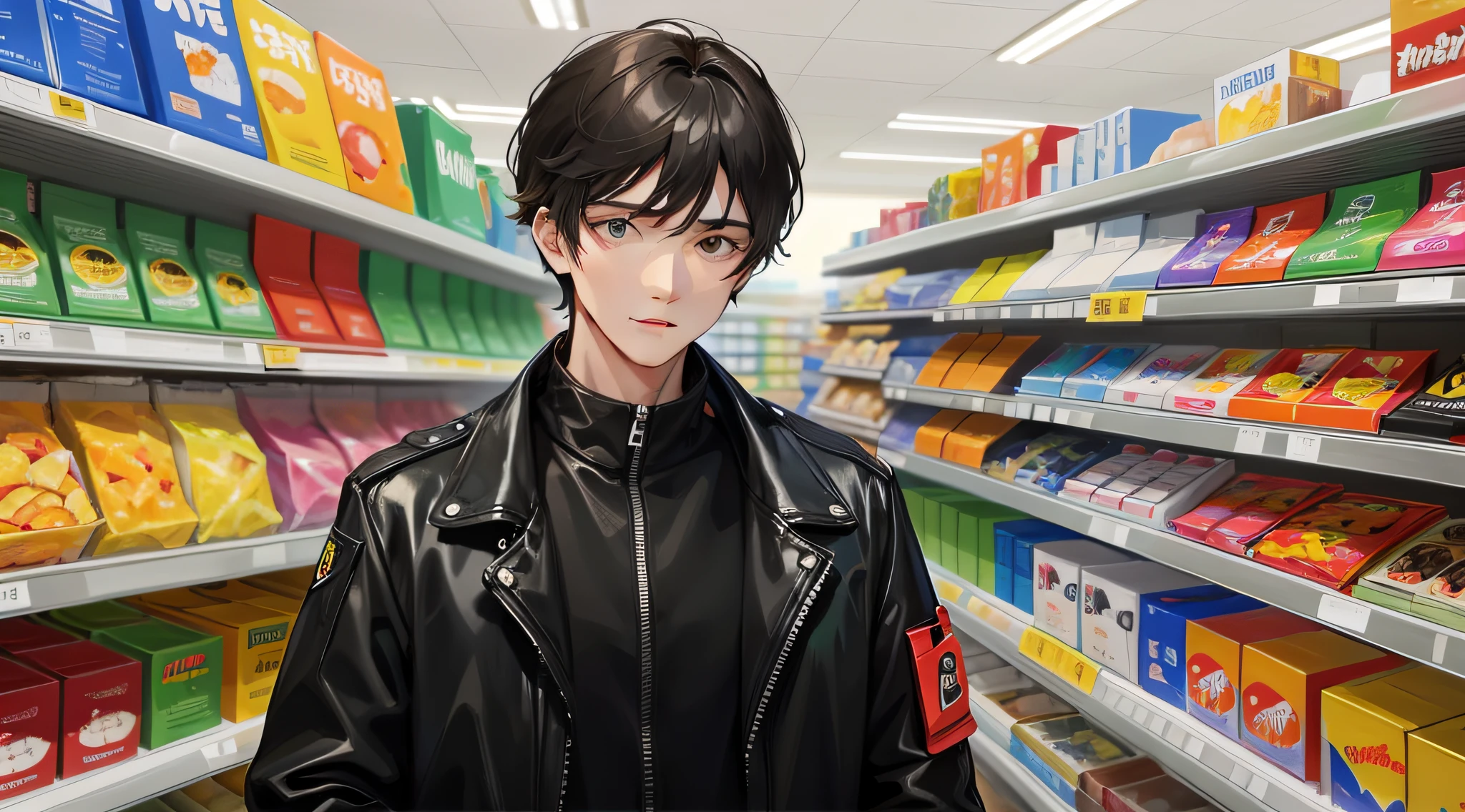 A young man with upper body, front face, short black hair, black storm jacket, shopping in a supermarket