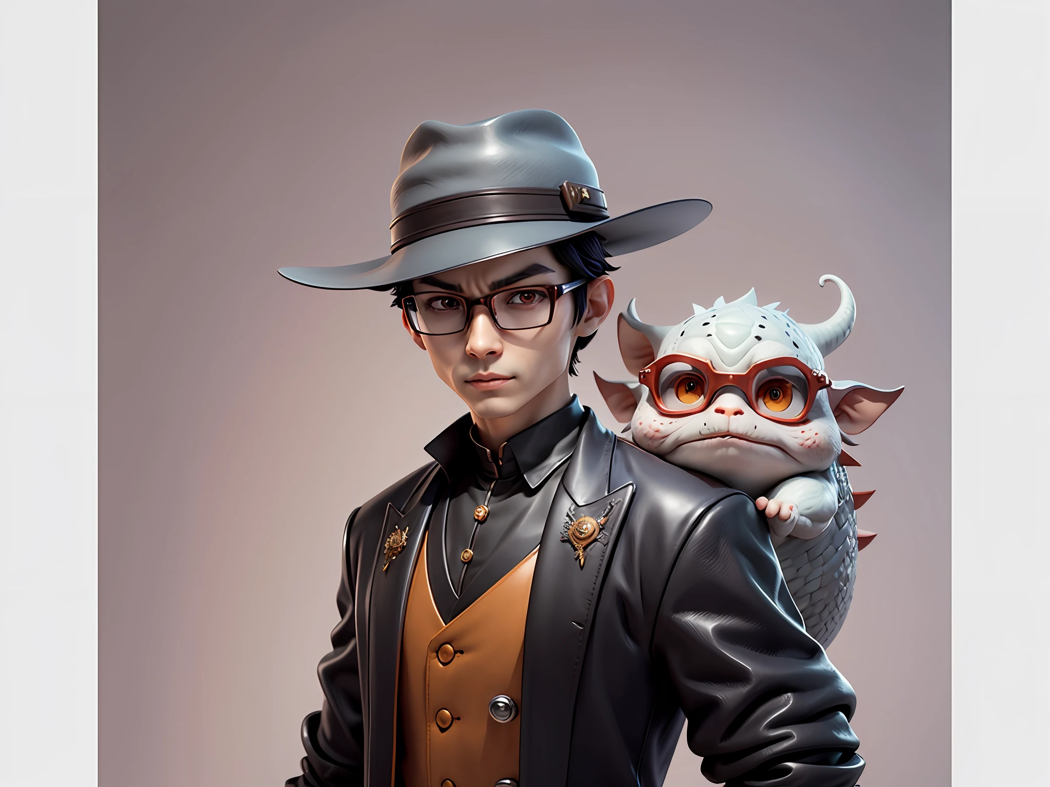 Young man with oriental face in leather hat, dragon, formal suit, short black hair, silver glasses, digital painting, 3D character design by Mark Clairedon and Pixar and Hayao Miyazaki and Akira Toriyama, the illustration is a high-definition illustration in 4K resolution with very detailed facial features and cartoon-style visuals.