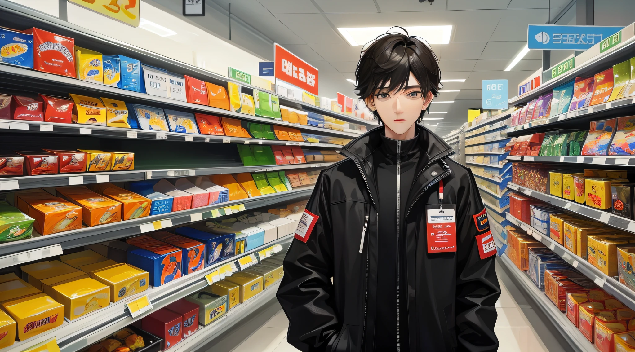 A young man with upper body, front face, short black hair, black storm jacket, shopping in a supermarket