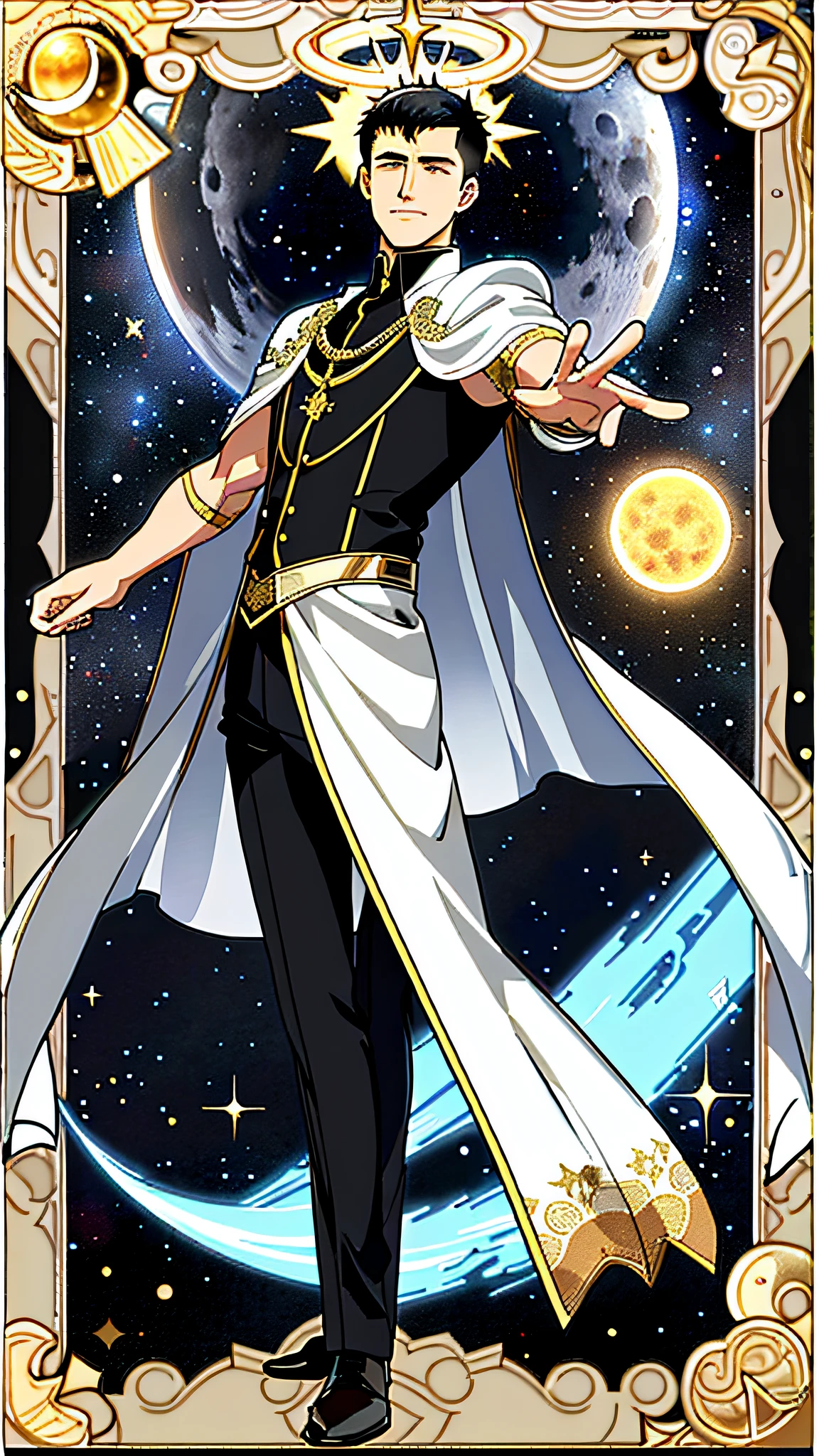 masterpiece, best quality, full body, card, 1 man, eclipse, space, galaxy, short hair, black hair,  brush cut, standing, black and white, sun, moon, white,  buzz cut, bara, muscle, god, divine, cape, halo, center, best pose, etherious, crystal,man, power, magic, hand using magic, golden, royal