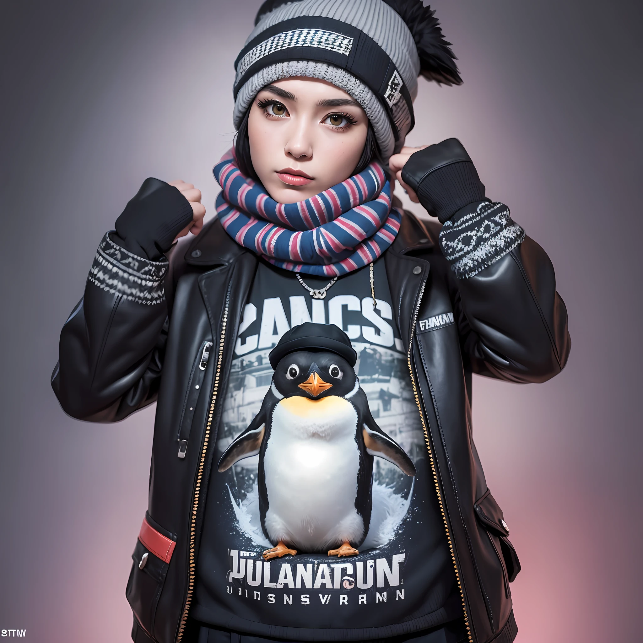 Pictures of penguins in hats and scarves, art station trends, people in punk clothes, ultra-realistic detail rendering, british gang members, urban style, intimidating poses, penguin planet, fashion clothes, urban samurai, meow, west slavic features, 8 1 5 --auto --s2