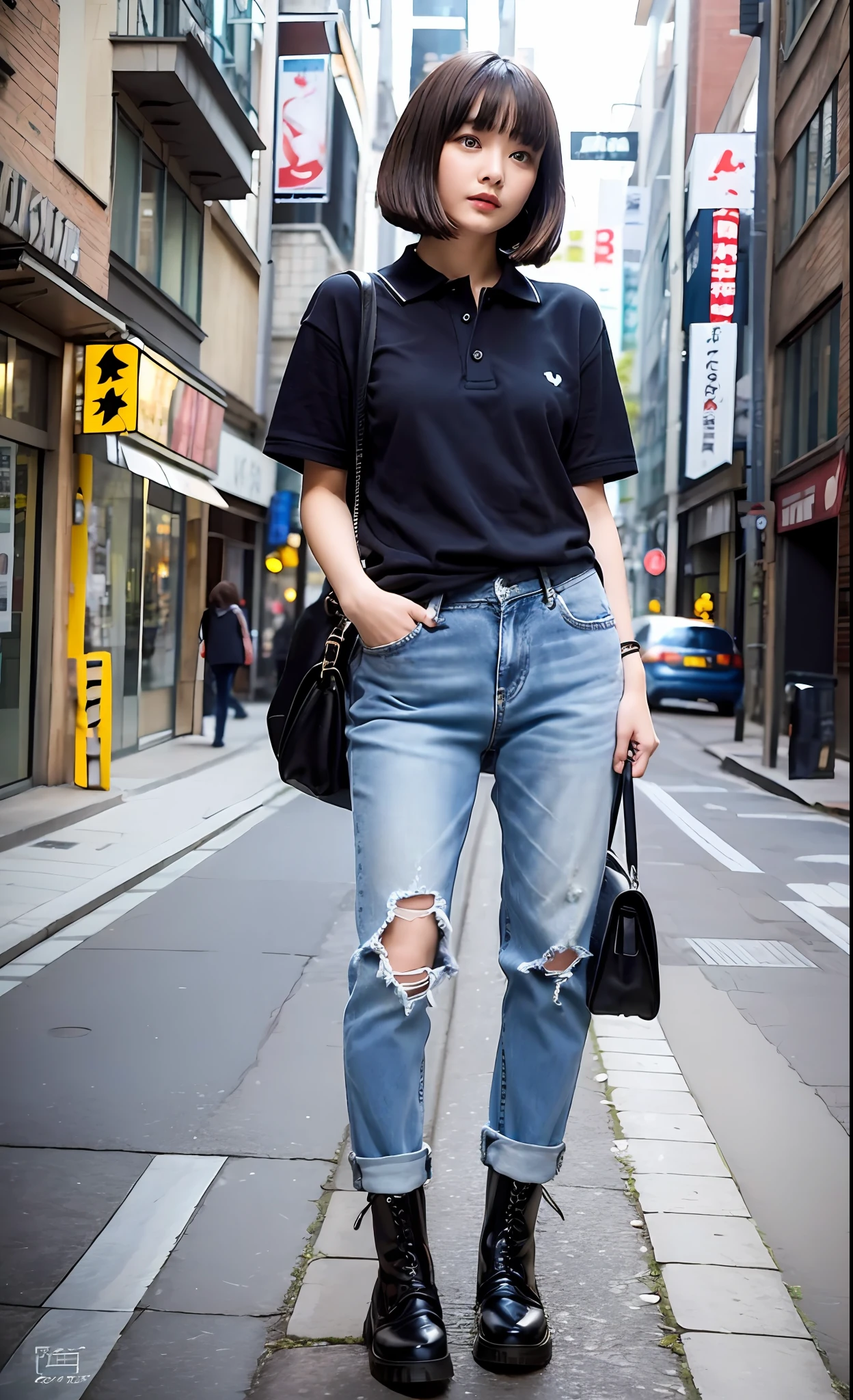 The scenery is a street lined with clothes stores such as Harajuku and Shimokitazawa. Meanwhile, a young girl is standing and shooting as a model for street snaps. She wears a red Fred Perry polo shirt with short sleeves. Metathorax. She is wearing dark blue denim pants rolled up. I wear Dr. Martens boots on my feet. Her hair is a chapaget bob cut with thick bangs and is aligned. Her hair is fluttering in the wind. The girl is looking around with a curious expression and seems to be preparing for a new adventure. With details that are exquisitely reproduced down to the smallest detail, please express her expression and even the texture of the fabric of the clothes. In the highest quality, draw a full-length picture of her as a fashionable, fashion snap model.