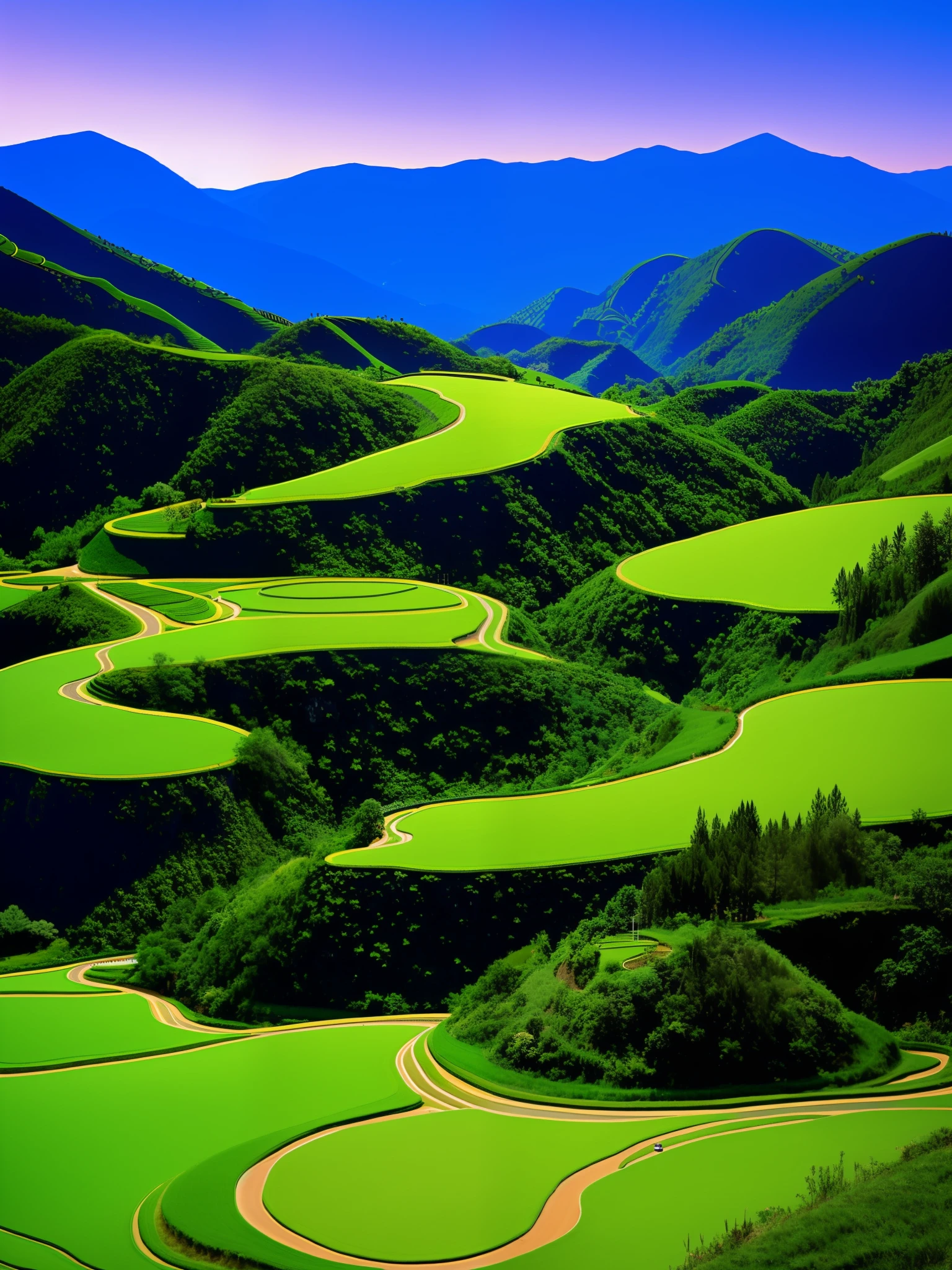 arafed view of a winding road in a valley with a mountain in the background, grass spiral mountain landscape, rice paddies, amazing landscape, futuristic valley, terraced, rolling green hills, terraced orchards and ponds, breathtaking landscape, made of tree and fantasy valley, beautifully lit landscape, natural landscape beauty, shadows. asian landscape, peaceful landscape, stunning landscape