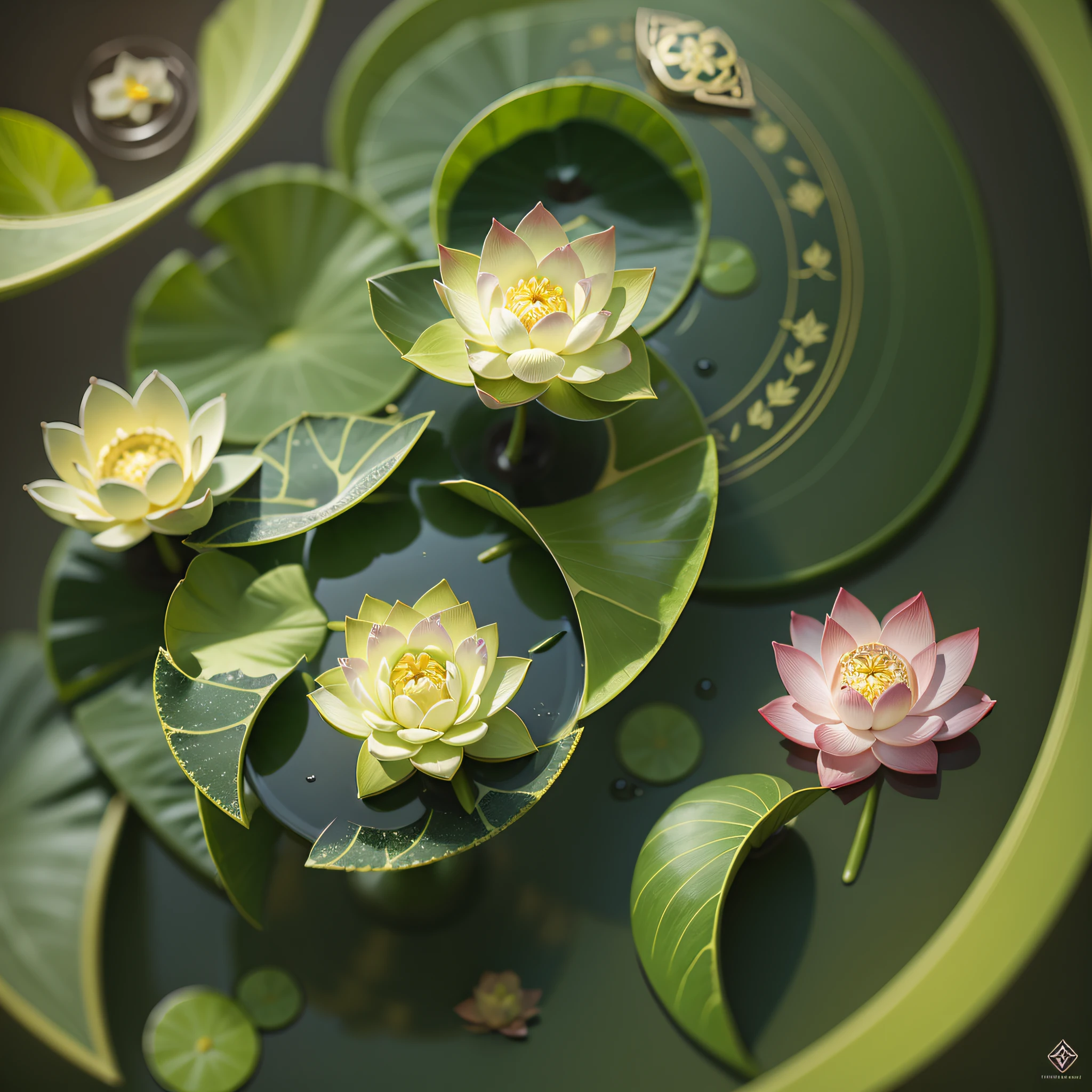 a green lotus flower with a leaf in the middle, lotus with fairy, life energy, chakras, centered in picture, logo without text, inspired by Amanda Sage, black lotus, health spa and meditation center, centered in image, centered elven, standing gracefully upon a lotus, ancient symbol behind it, zen, concept piece, buddhist, clematis theme logo, elemental guardian of life, symbol,